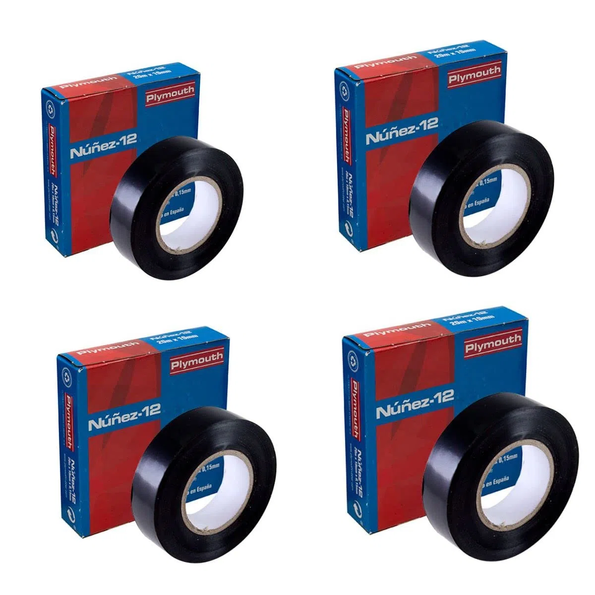 RASMACOR | Pack 4 unidades Cinta aislante negra de PVC Nuñez-Plymouth 5106 | 33m x 19mm x 0,15mm | Autoextinguible | Para todo tipo de aplicaciones mecánicas y eléctricas