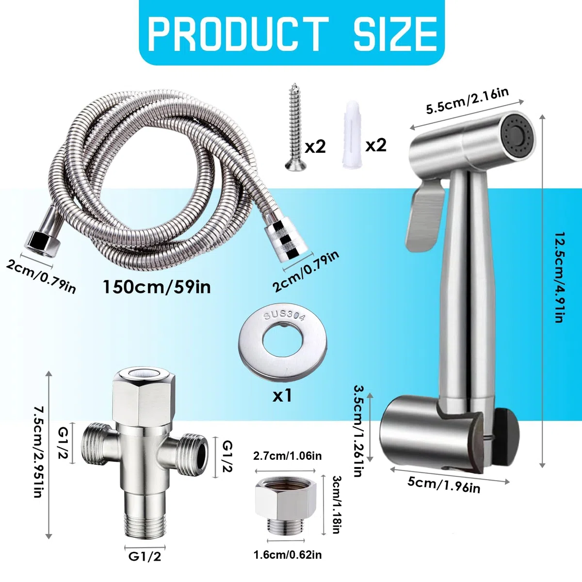 Ducha para bidé con convertidor 1/2" a 3/8" y manguera 1,5m, Duchita para bidé, Limpiador para WC – Bidet portátil en acero inoxidable, ducha para lavabo, bidé para WC