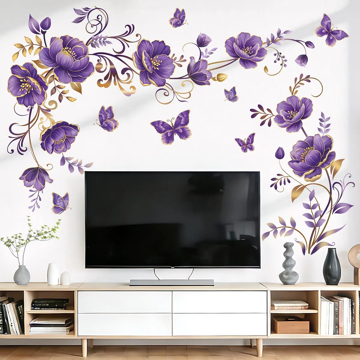 wondever Pegatinas de Pared Flores Morado Vid Adhesivos Decorativos Floral Peonía Mariposa Hojas Oro Vinilos Pared para Salón Dormitorio Oficina
