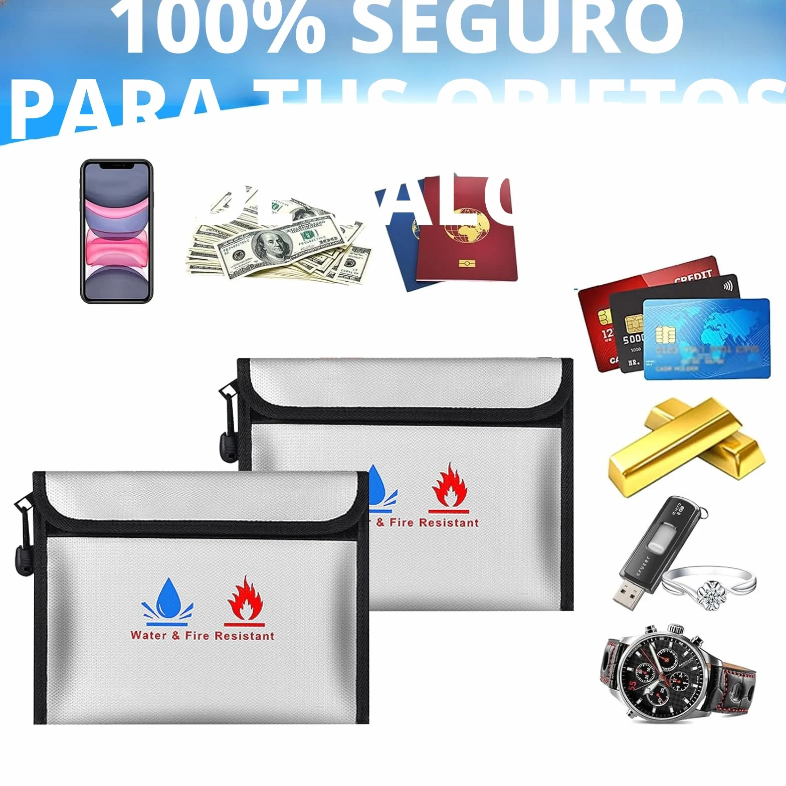 2 bolsas ignífugas para documentos, 23 x 17,5 cm, impermeable e ignífuga, para documentos, dinero, pasaporte, archivos bancarios y dinero en efectivo (gris)