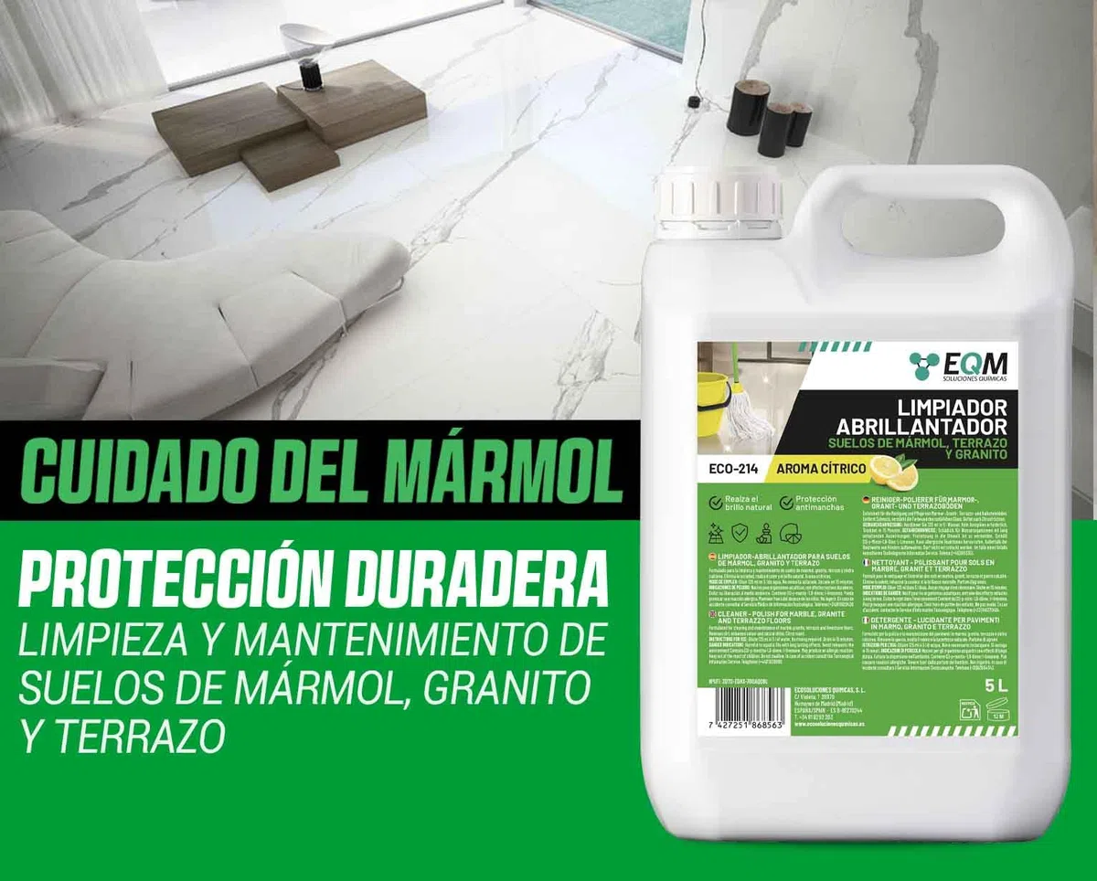 EQM SOLUCIONES QUIMICAS - ECO-214 - Limpiador Abrillantador para Suelos de Mármol, Granito y Piedra natural - 5L - Realza el color y el brillo propio, devolviendo su aspecto original