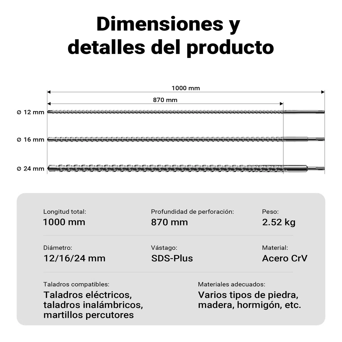 Set 3 brocas SDS 1000mm, profundidad de perforación 870mm Ø12/16/24mm brocas de avance para martillo