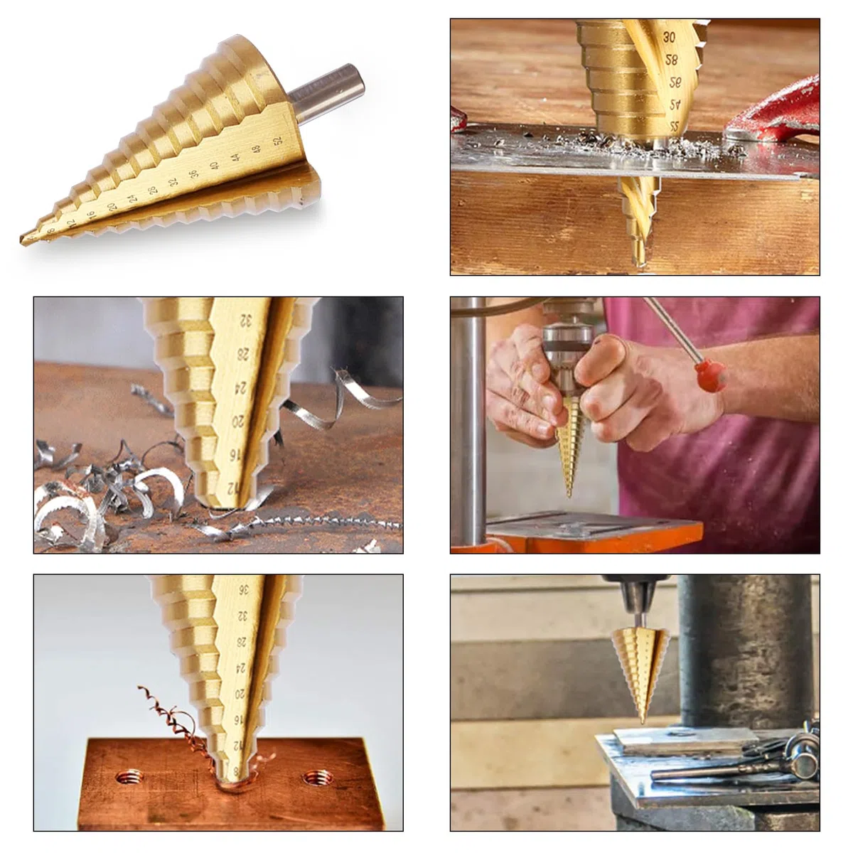 Broca Escalonada Ø 4-52 mm Broca Conica HSS Broca Conica Escalonada con Vástago de 12 mm Ideal para Madera y Plástico, 13 Escalones