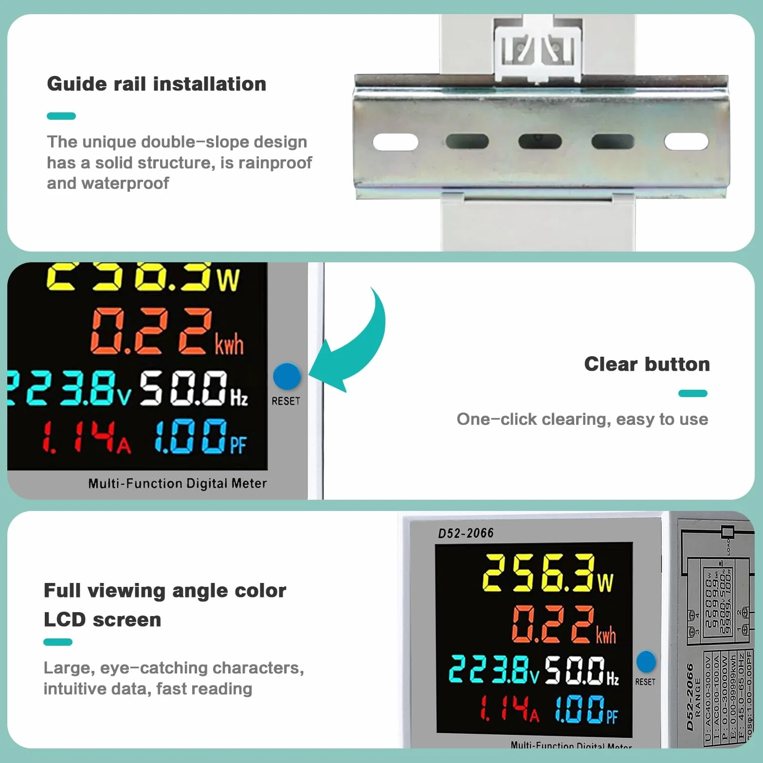 Jadeshay Medidor de Energía,AC 40-300V 100A Contador Electrico Digital Multifuncional Voltímetro Amperímetro para Medición del Consumo Eléctrico Voltaje Corriente Factor Potencia Frecuencia