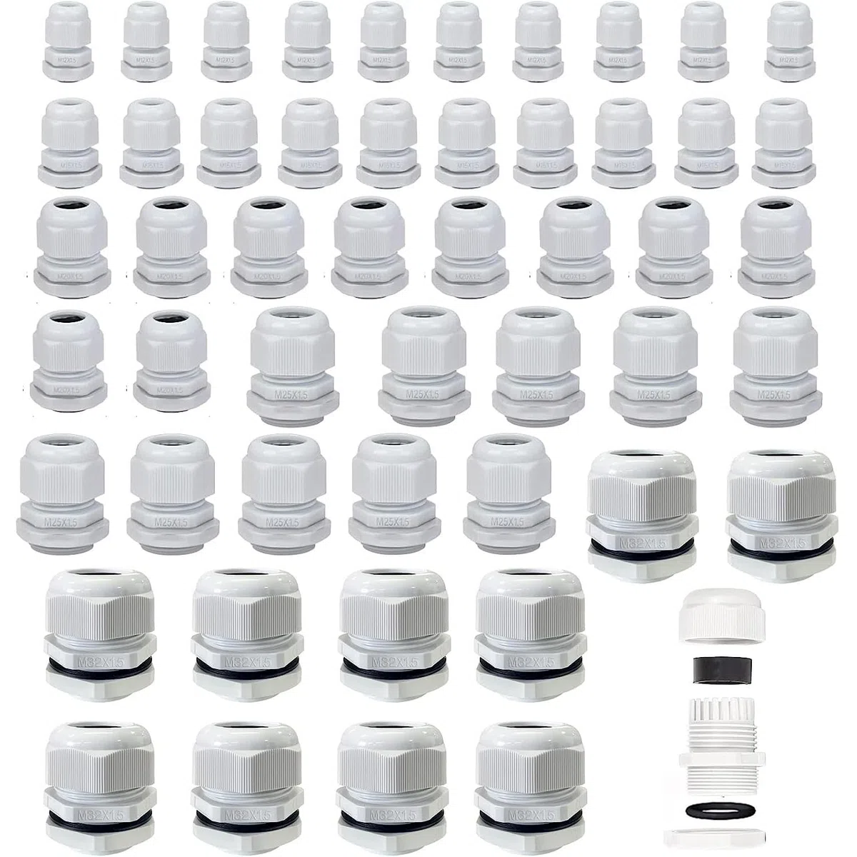 50 Piezas Prensastopas, Glándulas de Cable Ajustable, IP68 Impermeable Conector con Contratuerca, Prensa de Entrada de Cable M12, M16, M20, M25, M32, para Jardín su Casa Iluminación Exterior