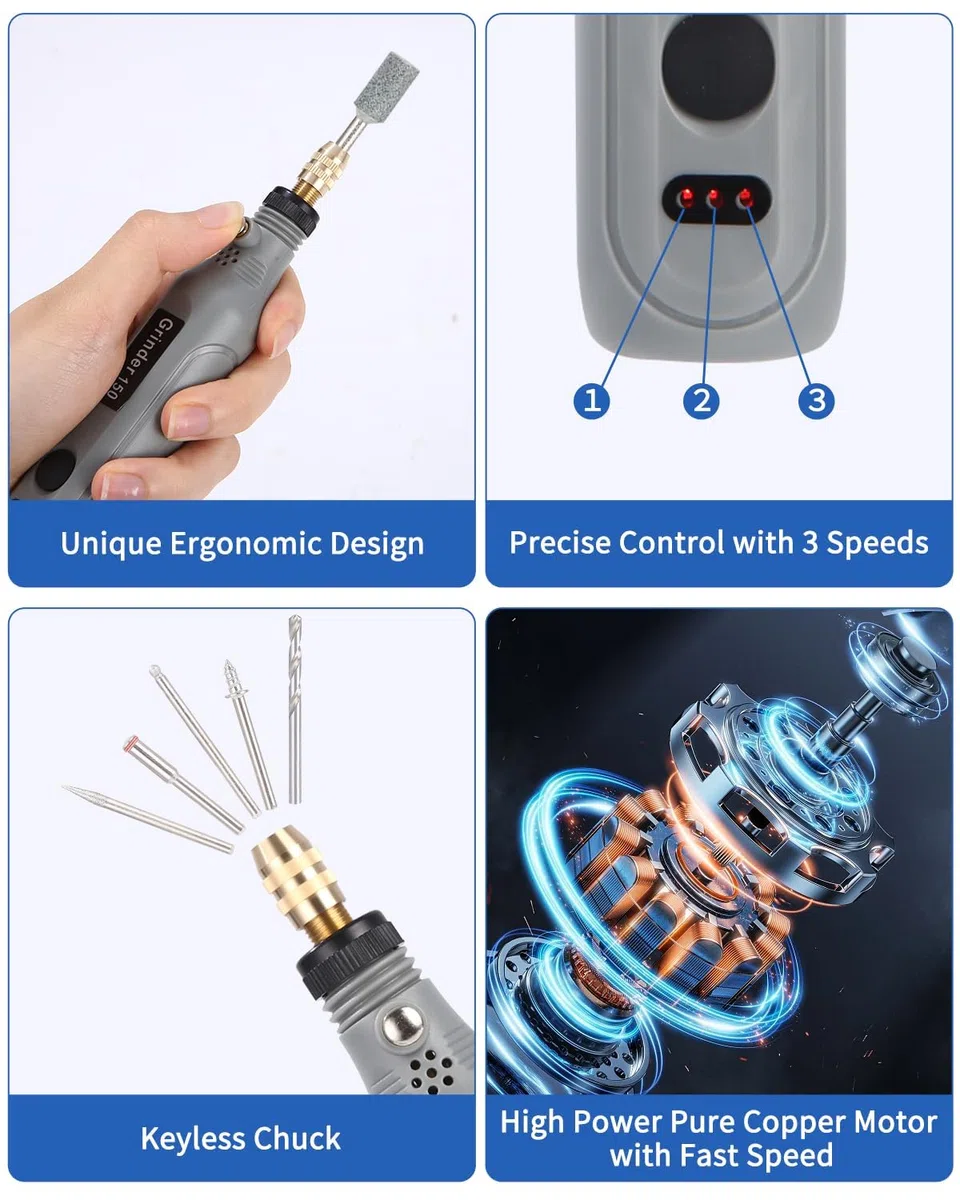3.7V Mini Amoladora Eléctrica, Herramienta Rotatoria sin Cable con 105 Accessori, 3 Velocidades Variables 5000-10000 rpm, Mini Taladro Amoladora per Grabar, Cortar, Taladrar, Pulir