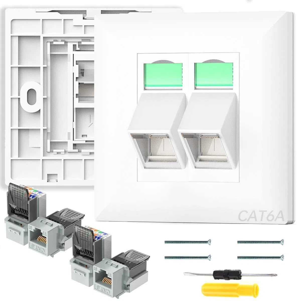 Enchufe de red (cat. 6A, empotrable, Ethernet, LAN, conector angular, caja de conexiones, 2 puertos, 500 MHz, CAT6A, universal, sin herramientas, módulo Keystone RJ45)