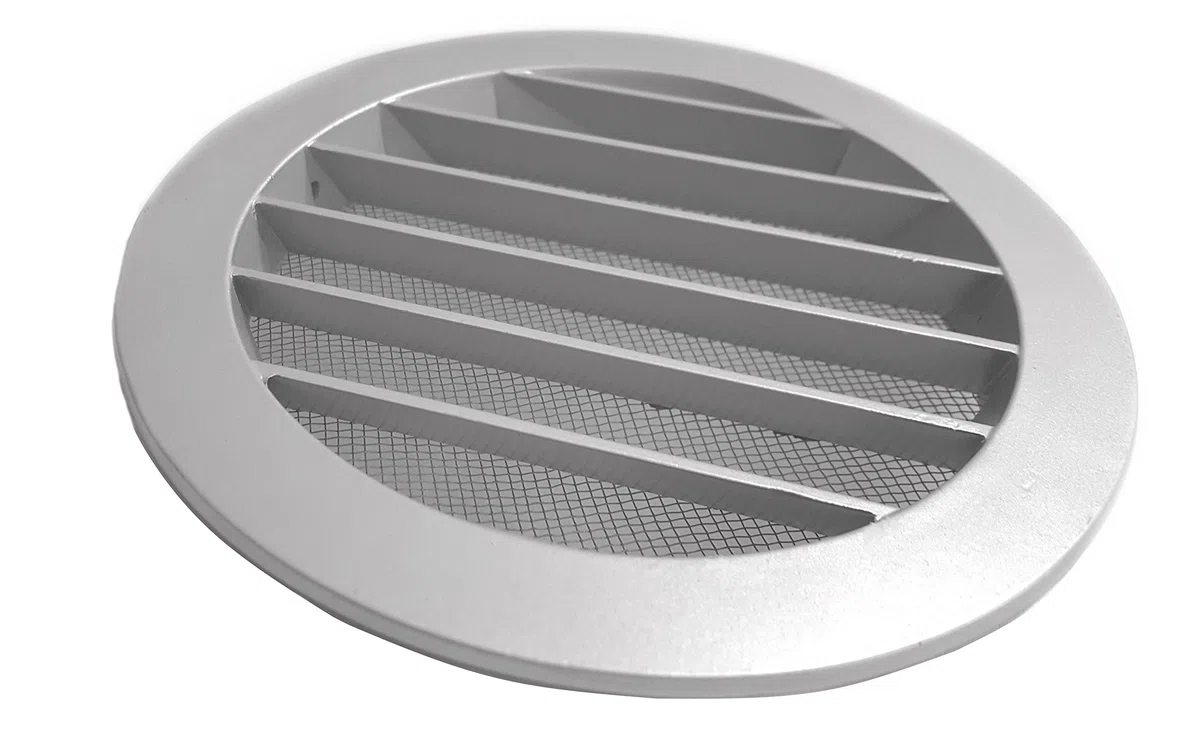 Rejilla de aireación (DN: 100, 125, 150 160 200, aluminio con mosquitera), color negro y gris, Gris