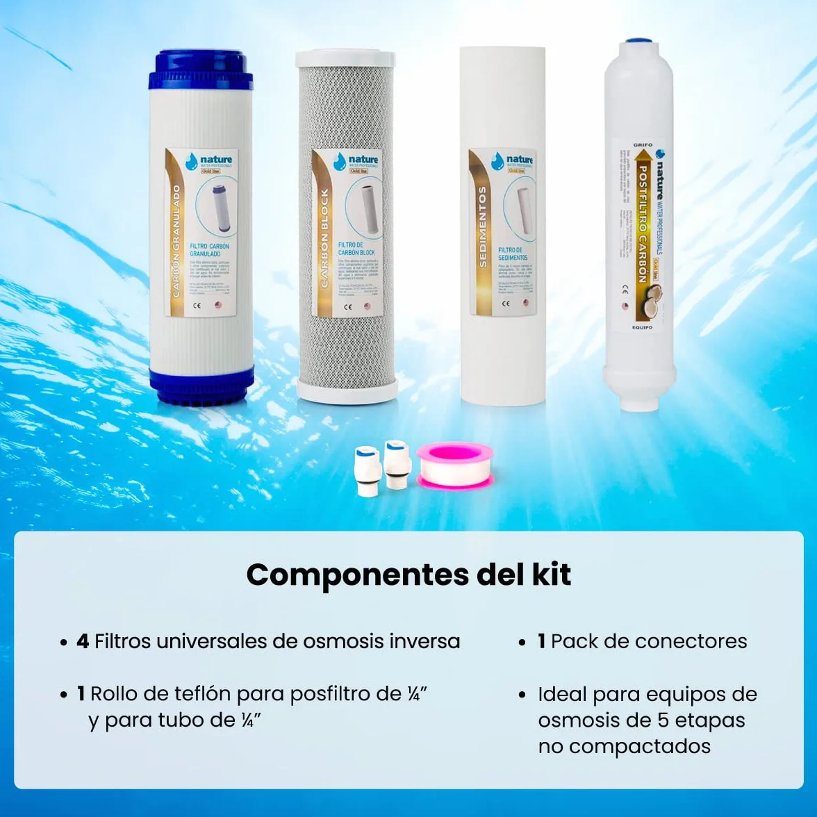 Nature Water Professionals Kit de 4 Filtros Universales para Osmosis Inversa 5 Etapas