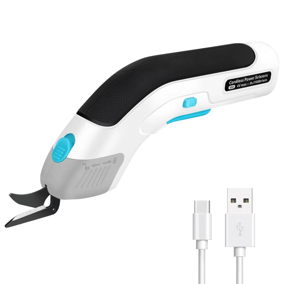 VOBOR Tijeras Electrica Costura, Inalámbrica Ecargables USB, Hojas de Acero de Tungsteno, 2000mAh Cortador de Tela Para Cartón Cuero Alfombra PVC
