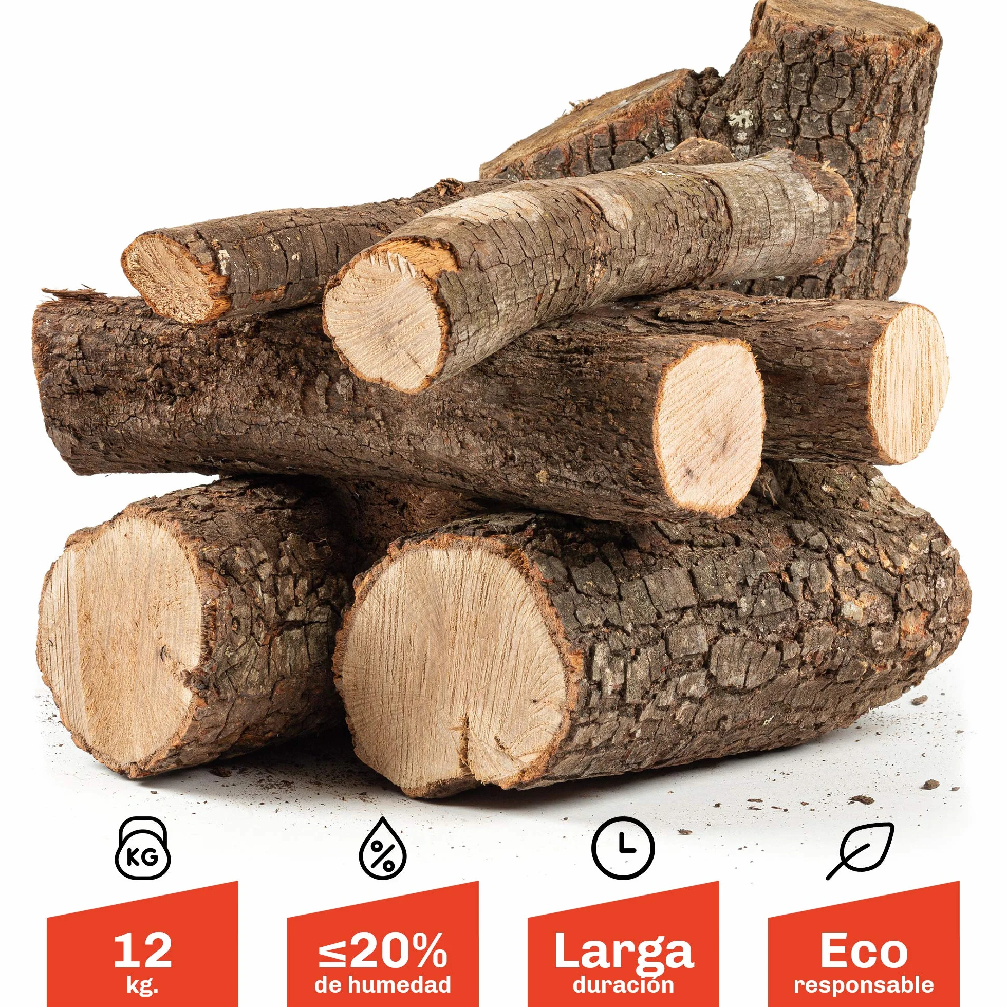 Leña Encina Seca Ecológica Cortada en Troncos Medianos para Barbacoa, Chimenea, Caldera y Estufa, Saco de 12Kg