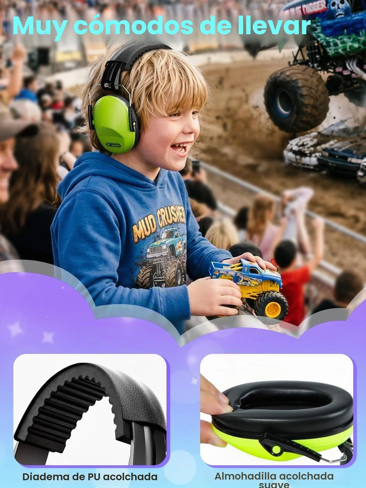 Dr.meter Cascos Antiruido para Niños, Cascos Ruido Niños Protección Auditiva SNR 27.4dB, Diadema Ajustable, Orejeras Suaves Cómodas, Reducción de Ruido para Estudio, Viajes y Eventos Ruidosos - Verde