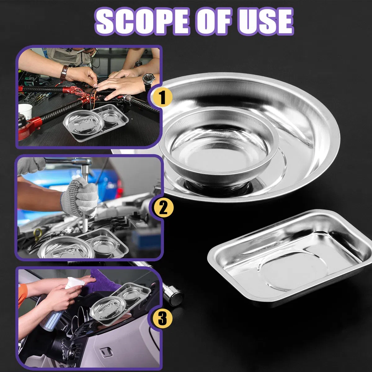 Swpeet 5 bandejas magnéticas redondas y cuadradas de acero inoxidable de 2 formas con kit surtido de herramientas de recogida magnética de 3 libras, soporte de bandeja magnética redonda para piezas,