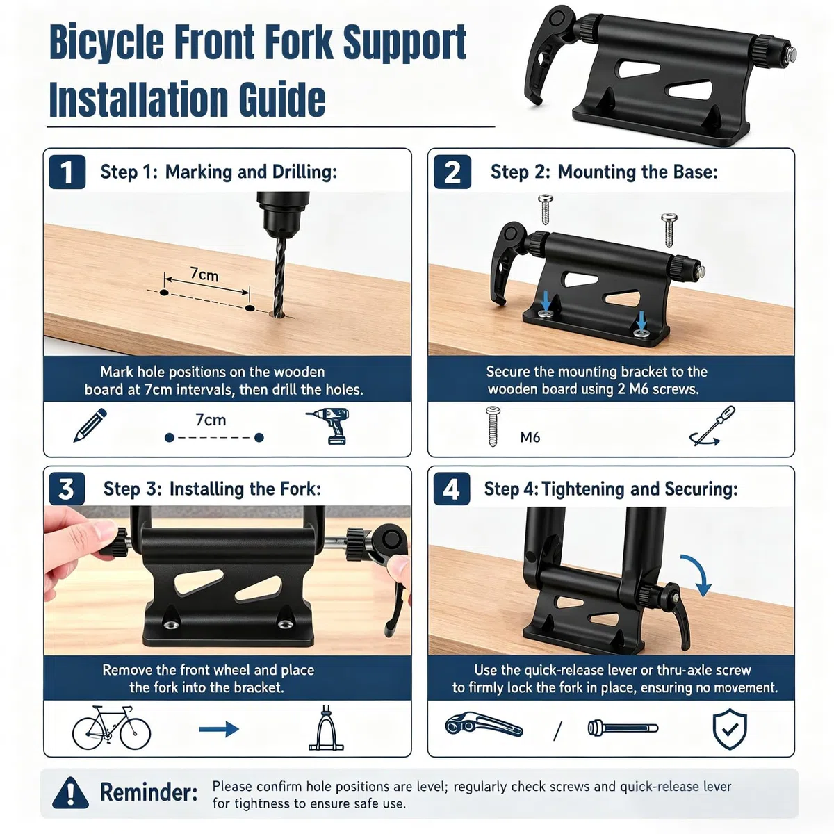 1 Soporte para Horquilla de Bicicleta Aluminio Accesorio Porta Bicicleta para Coche para Cierre rápido 9 mm con Cinta de Velcro y Tuercas para fijación Segura en tableros de Madera y Suelos de Garaje