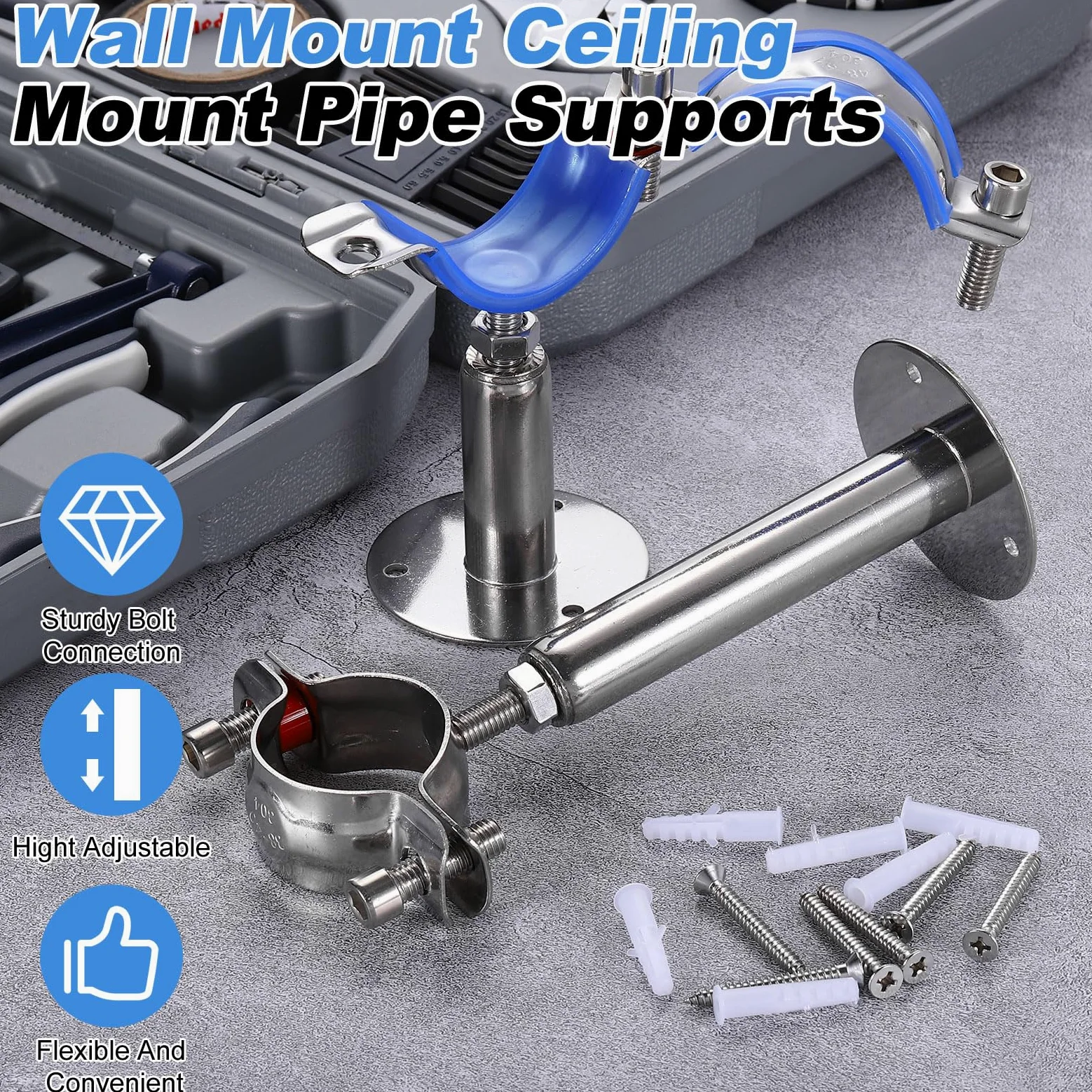 QUARKZMAN 2 Piezas Soportes Para Tubos De Pared O Techo De Acero Inoxidable 304 Abrazadera Ajustable Para Tubos Con Diámetro Exterior De 1"-1.1" (25-27mm) Altura Ajustable 100-150mm