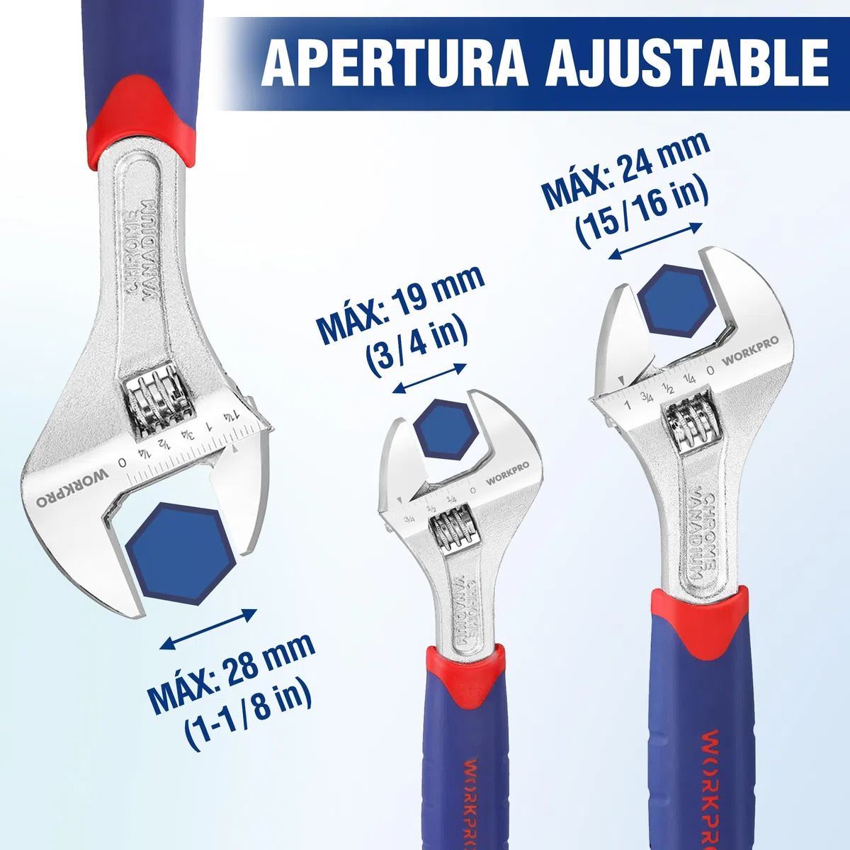 WORKPRO 3Pcs Llave Ajustable(150, 200, 250 mm), Llave Inglesa Acero Cr-V, con Mango Cómodo, Llave inglesa Profesional con Gran Apertura