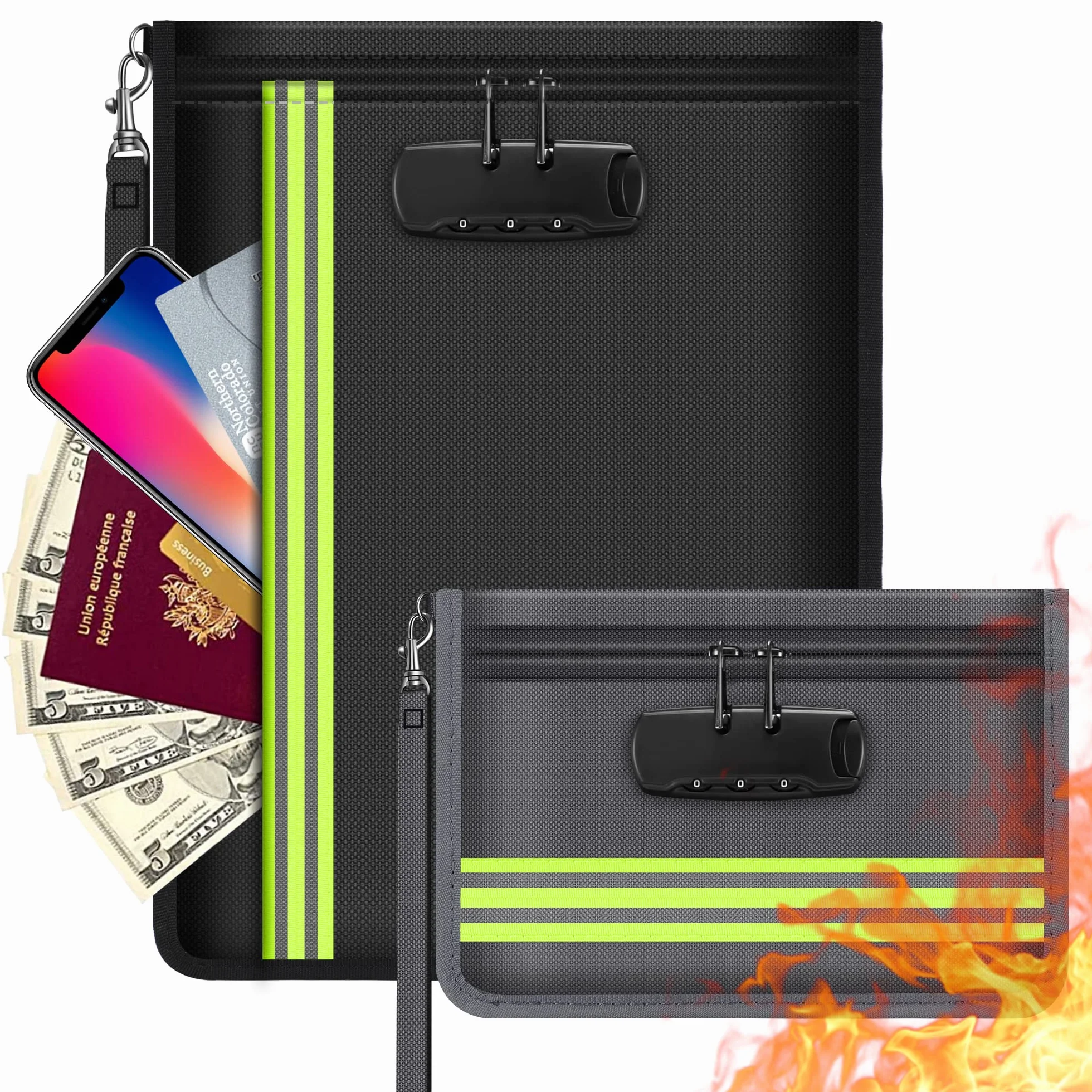 Bolsa de archivo ignífugo con candado - 2 Estuches para documentos, Billetera con candado combinado Maletín ignífugo para pasaporte, Dinero, Certificados, Contratos y objetos de valor.