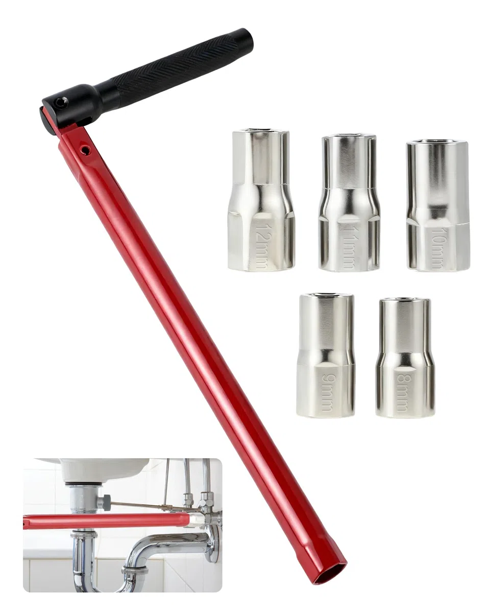 Herramienta lavabo, llaves de tubo y llave grifa para grifo de pie y asiento WC, ajustable 8–12 mm, robusta para grifería e instalaciones sanitarias.