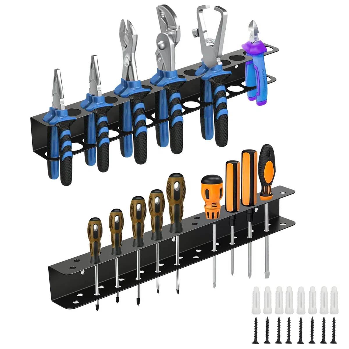 Juego de 2 soportes para alicates y soporte de pared para herramientas, organizador de herramientas resistente para destornilladores, alicates, martillos (garaje, taller, hogar), práctico