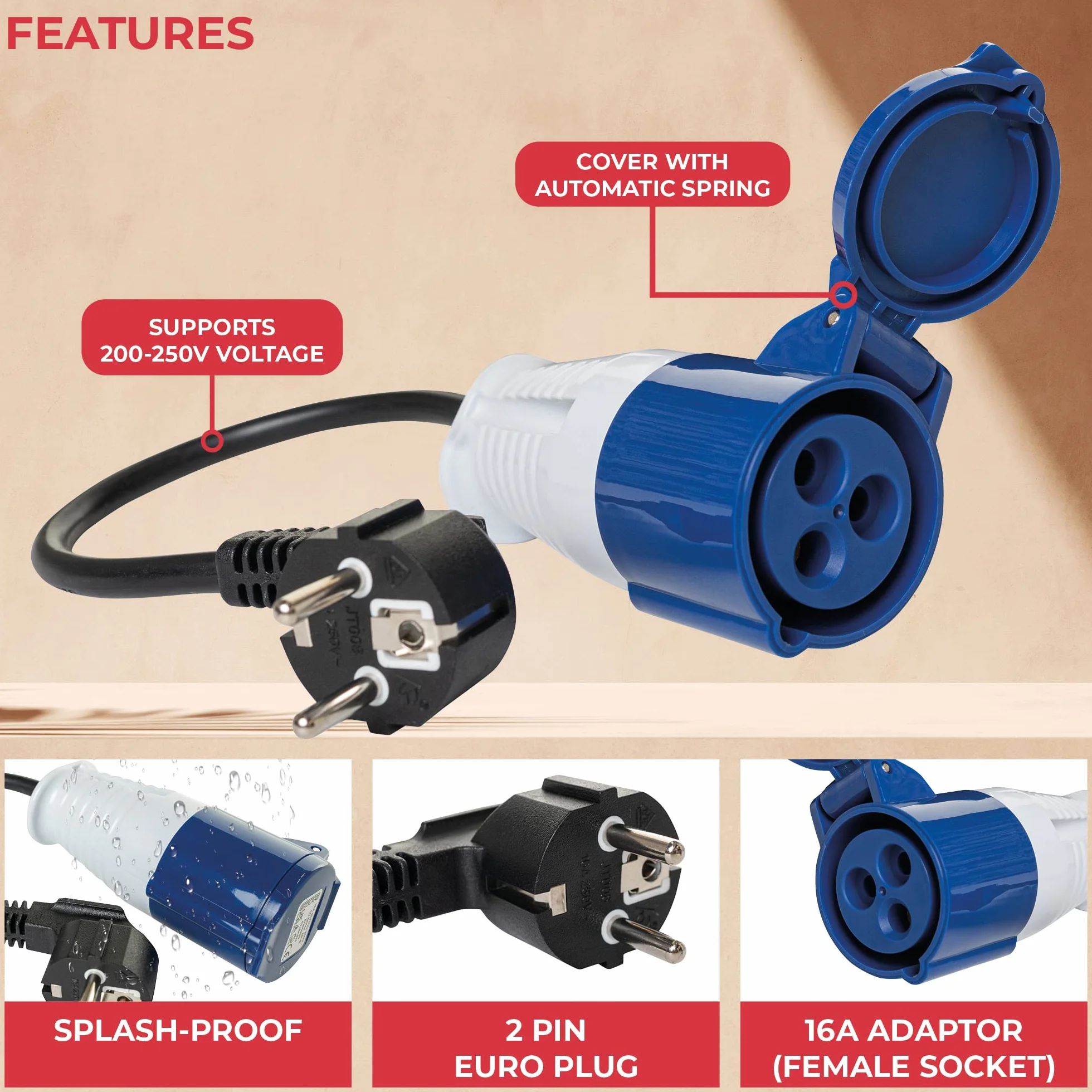 GADLANE Adaptador de enchufe caravana de 16A - adaptador europeo de camping eléctrico, impermeable IP44, toma de camping para exteriores CEE para conexión al sitio de camping, 35 cm (200-250V)