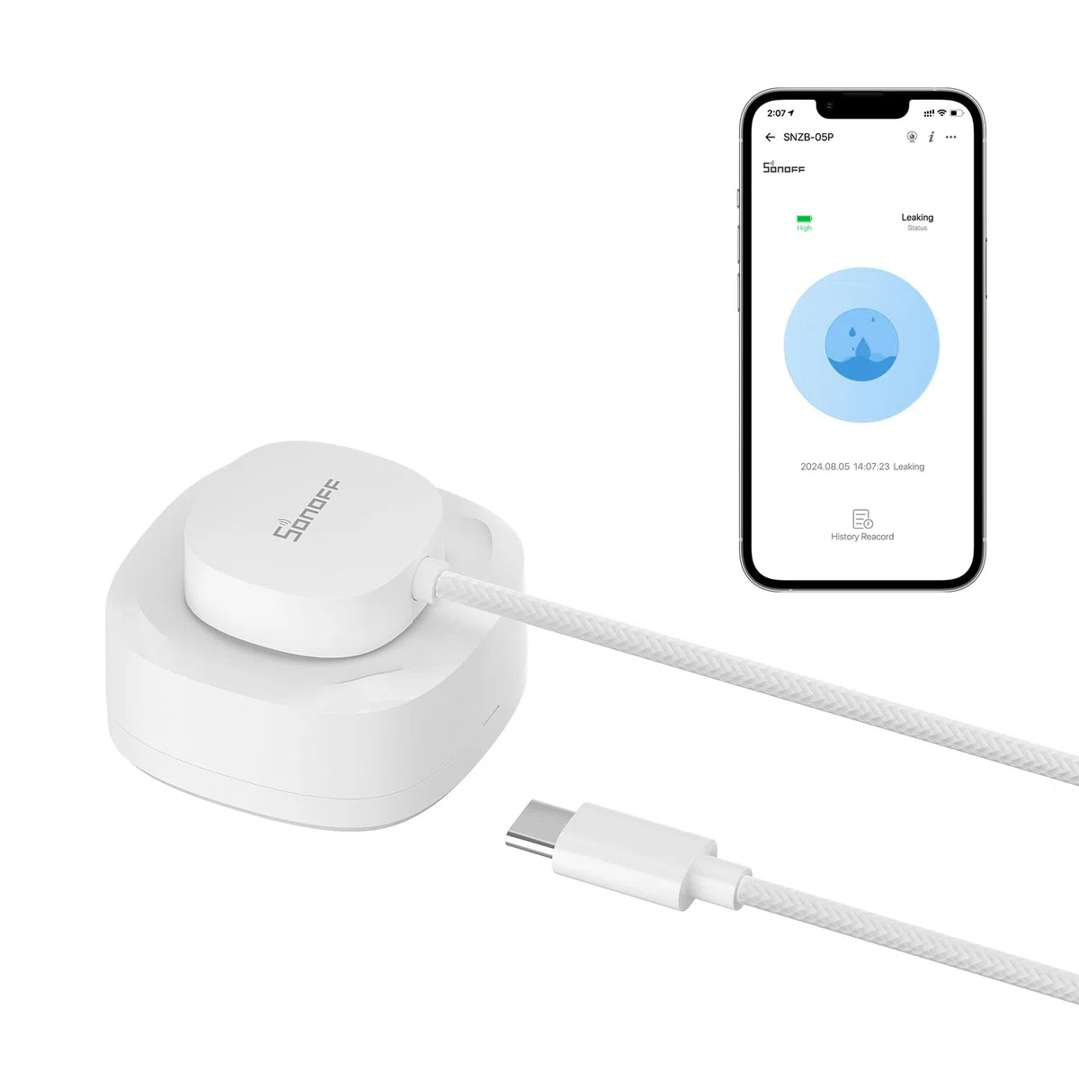 SONOFF SNZB-05P Detector de Agua Zigbee + Cable Sensor de Agua WLDC200,Detector de Agua para Cocinas,Sótanos y Baños,Compatible con Alexa y Google ,Requiere Zigbee Hub.