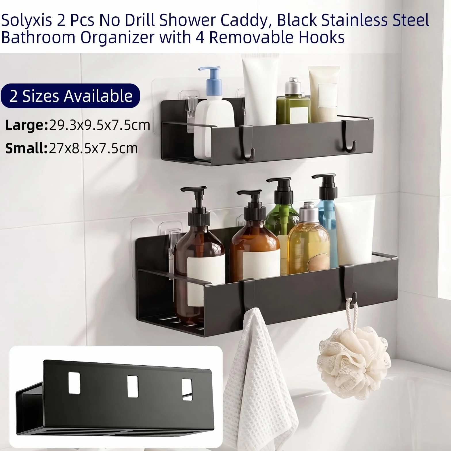 Estantería de Ducha sin Taladrar, Estantería de Baño en Acero Inoxidable con 4 Ganchos Extraíbles, Negro