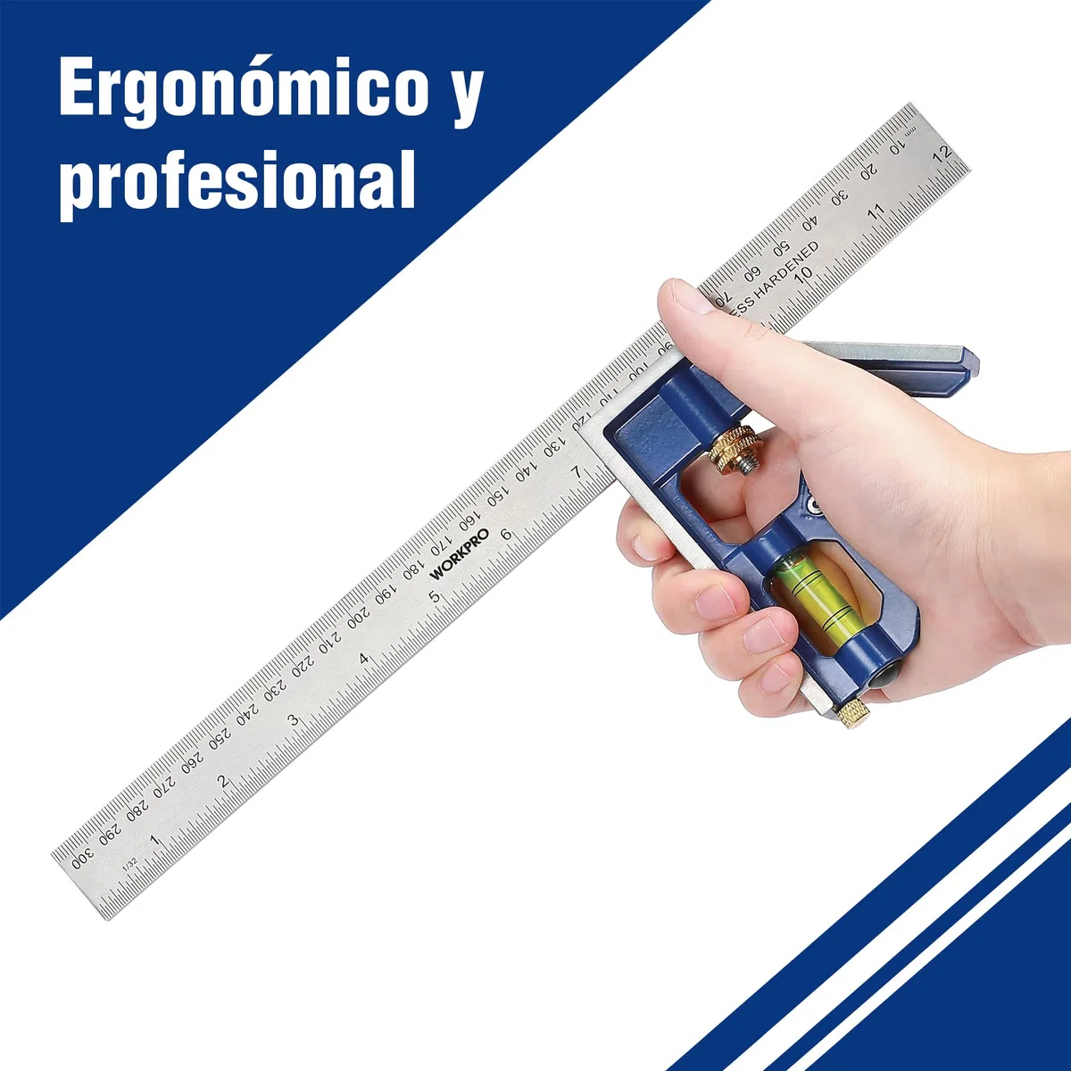 WORKPRO Escuadra Carpintero, Escuadra Combinada Ajustable, Regla de Ángulo de Acero Inoxidable de 300 mm, con Nivel de Burbuja, Escuadra para Carpintería Herramienta de Medición Multifuncional