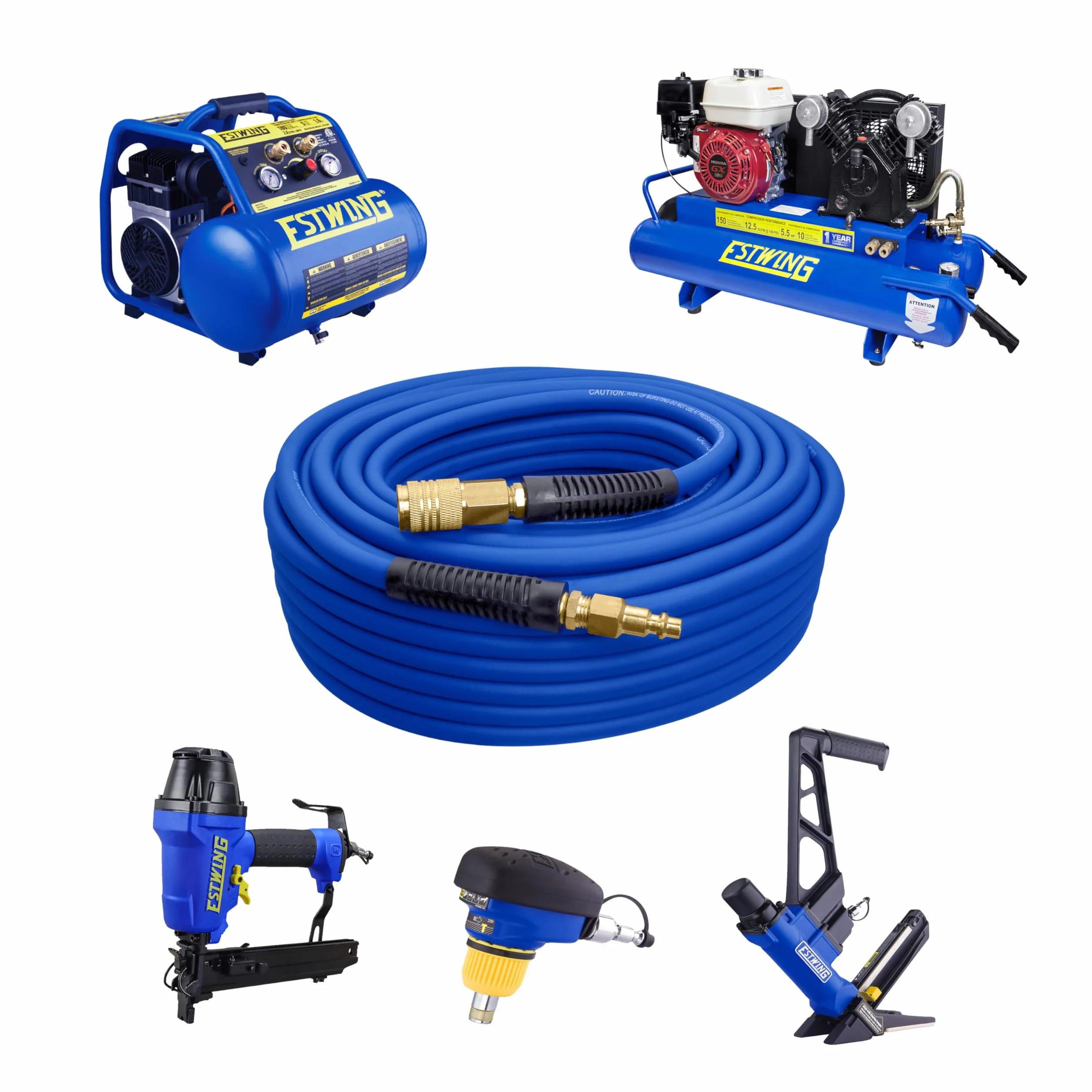 Estwing E1450PVCR 50' PVC/Rubber Hybrid Air Hose with Brass NPT Industrial Fitting and Universal Quick Connect Coupler, Blue and Yellow, 1/4" x 50’