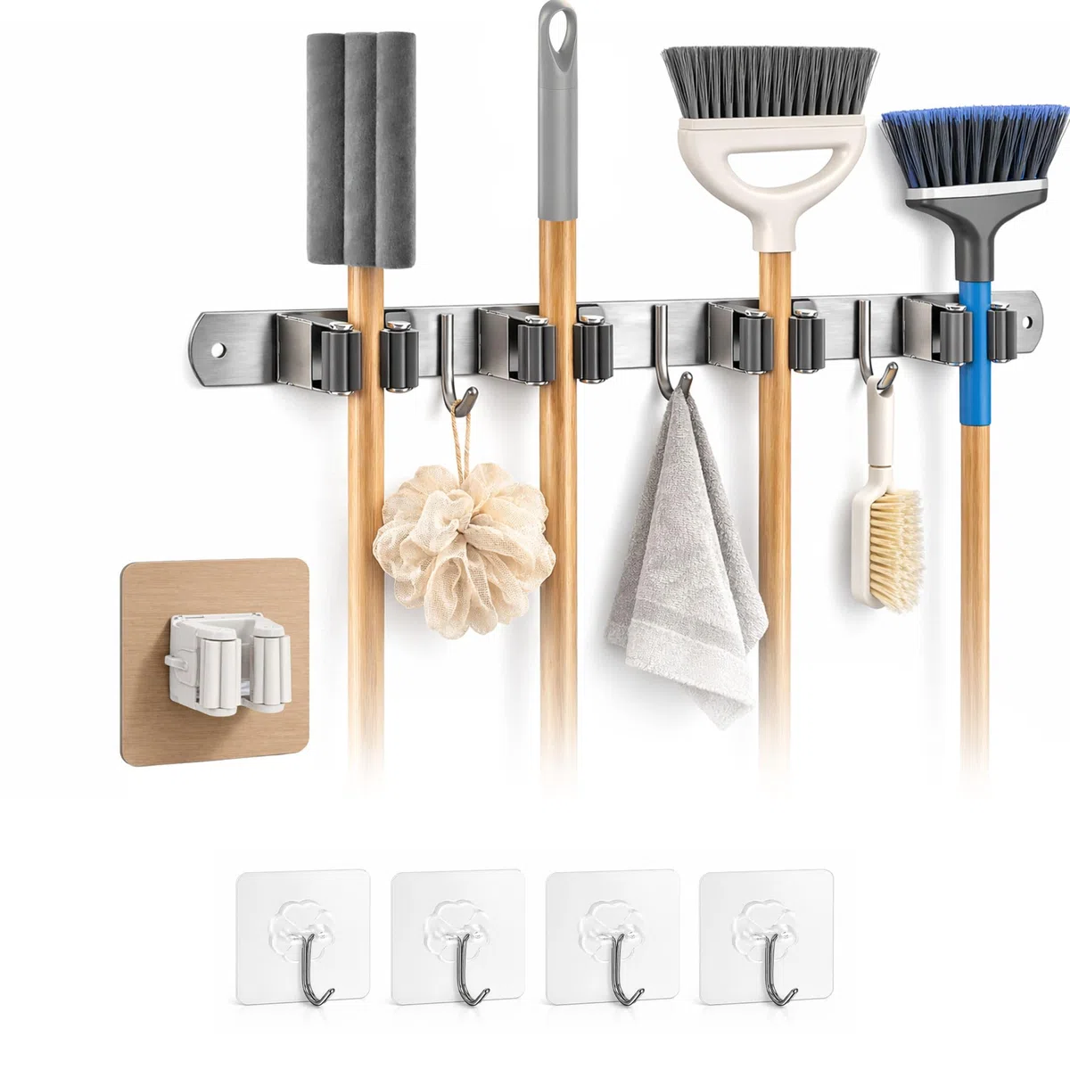 Pack Colgador Escobas y Fregonas + 1 Soporte Escobas Pared Adhesivo+ 4 Ganchos Multiusos | Acero Inoxidable Apto Exterior | Con/sin Taladro (Incluye Adhesivo y Tornillería) | Hasta 15kg