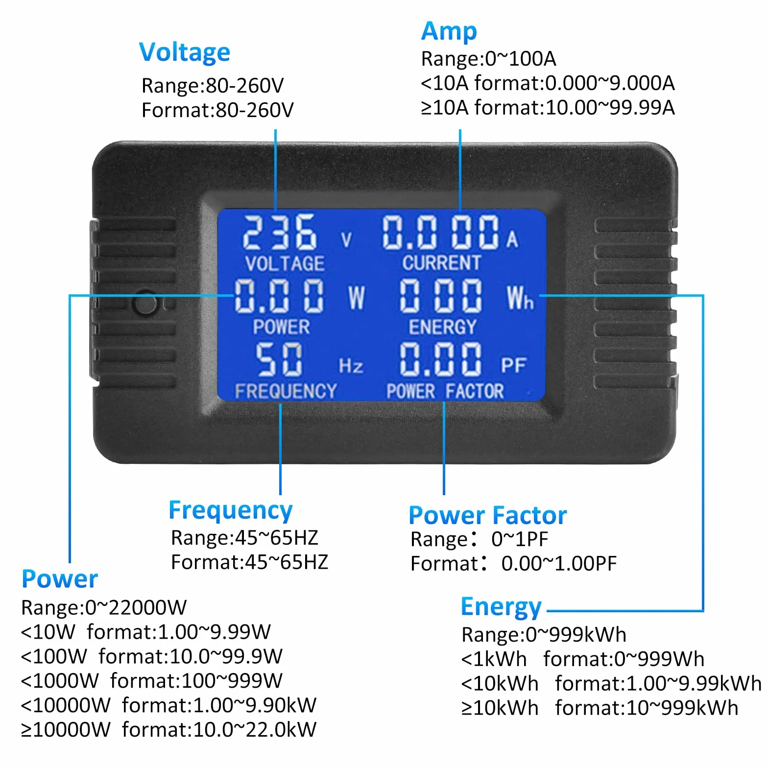 Aideepen LCD Amperímetro digital Voltímetro AC 80-260V 100A, Medidor de potencia 6 en 1 de electricidad para el hogar, Tipo abierto Medidor de energía CT