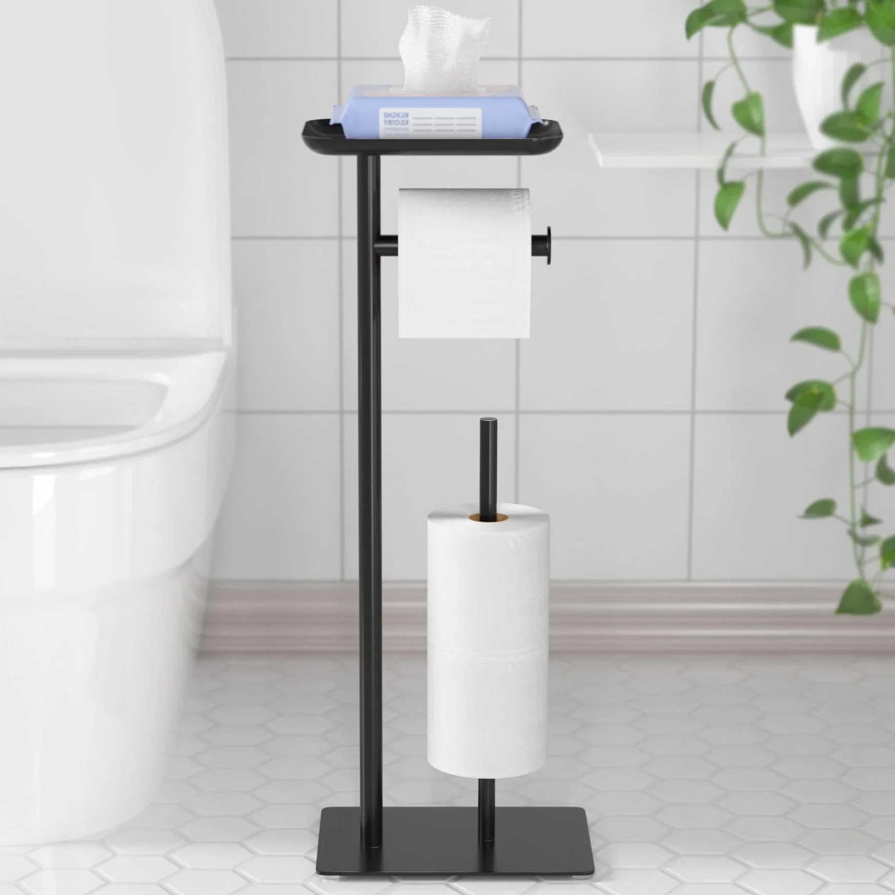 niffgaff Portarrollos de papel higiénico de pie negro con estante superior, soporte para papel higiénico de acero inoxidable con espacio para 4 rollos de repuesto