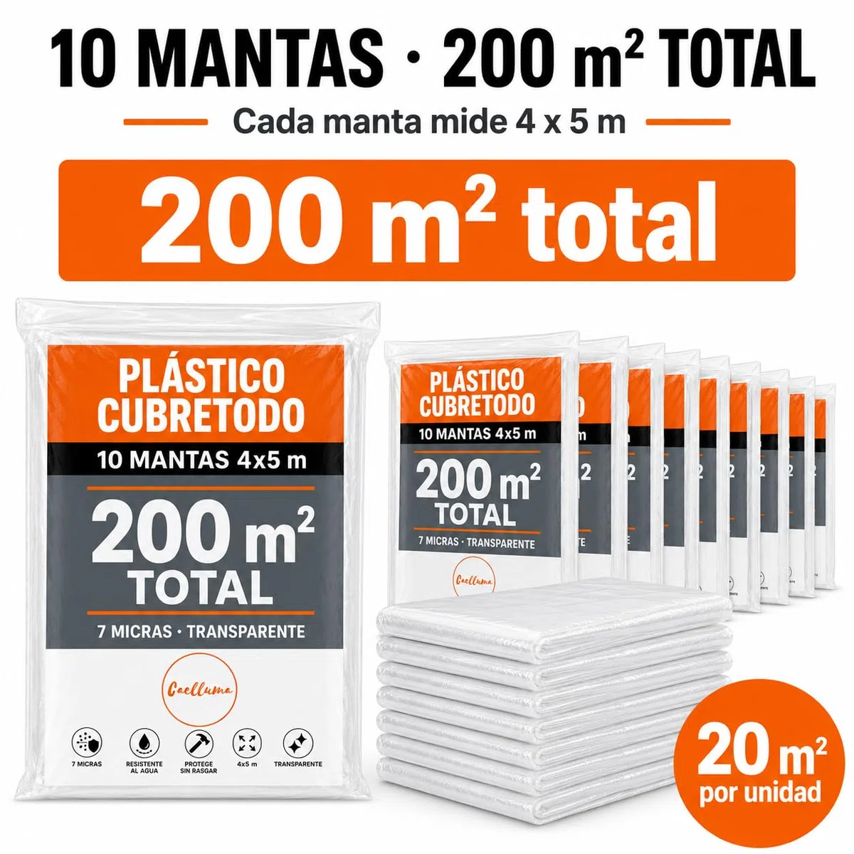 Plástico Cubretodo 4x5 m Pack 10 · Manta Pintor Transparente para Muebles Suelos Sofás y Obras · 200 m² Total sin Cortar para Pintura Reformas Bricolaje Hogar Mudanzas y Limpieza