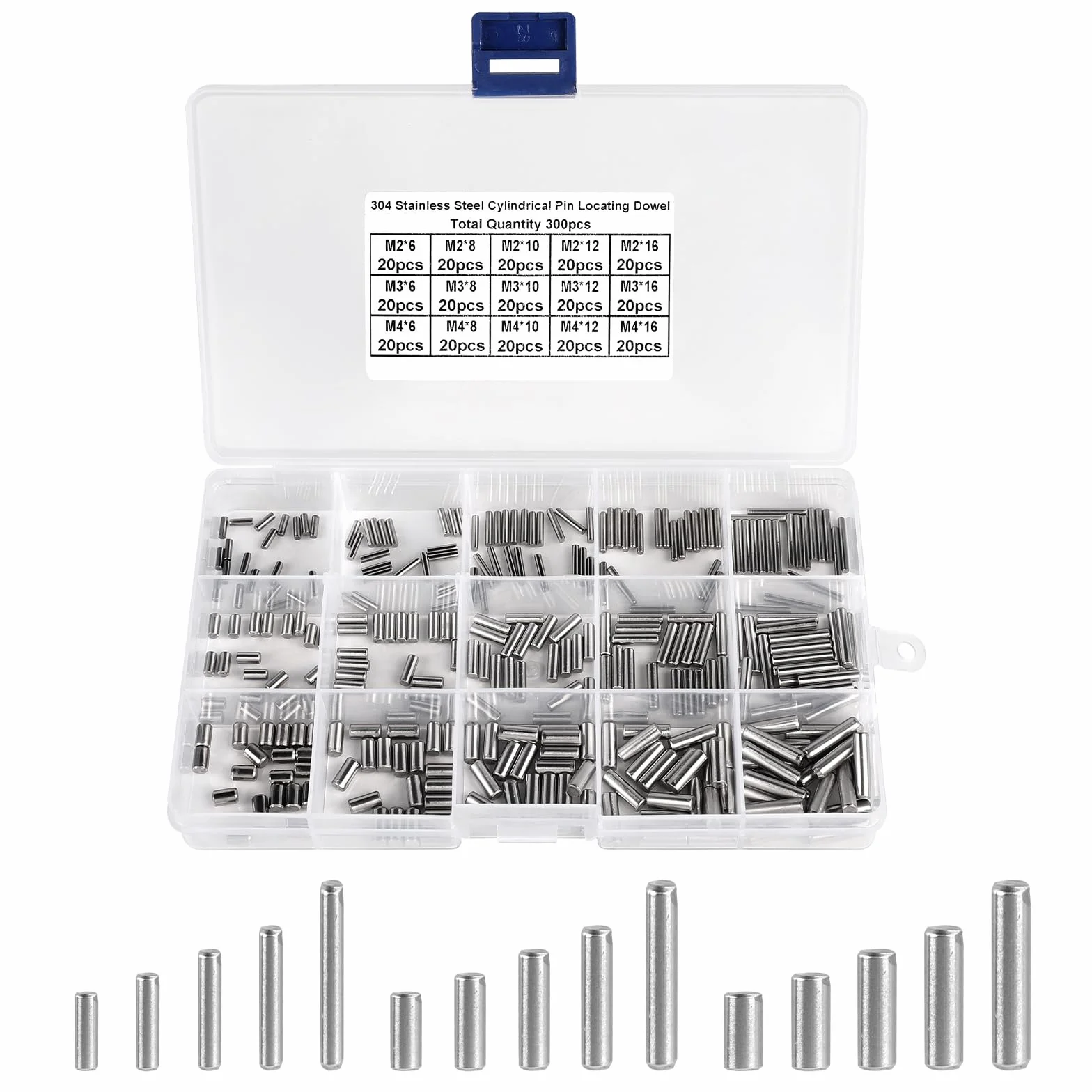 Kit de 300 pasadores cilíndricos M2/M3/M4 acero inoxidable 304 Pasadores mecánicos Pasador de soporte para estanterías pasador de centrado con caja para montaje industrial estanterías, muebles