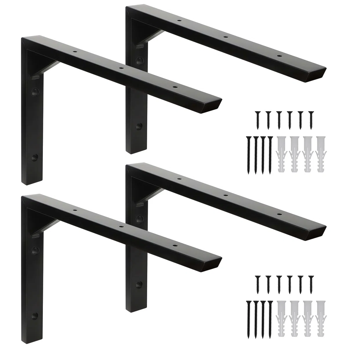 Terafeels 4 Piezas Soportes para Estantes Negros de Acero Inoxidable, Escuadras en L con Refuerzo Triangular, Diseño Hueco, Incluye Tornillos y Tacos, soporte baldas pared 30 cm