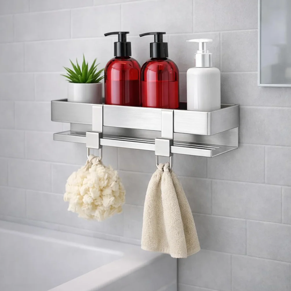 MandA - ESTANTERIA Baño SIN Tornillos + 2 Ganchos de Acero Inoxidable - Organizador Ducha SIN Taladro - Adhesivo – Baldas Pared sin Agujeros – Accesorios Modernos para Organizar y Decorar Estanterías
