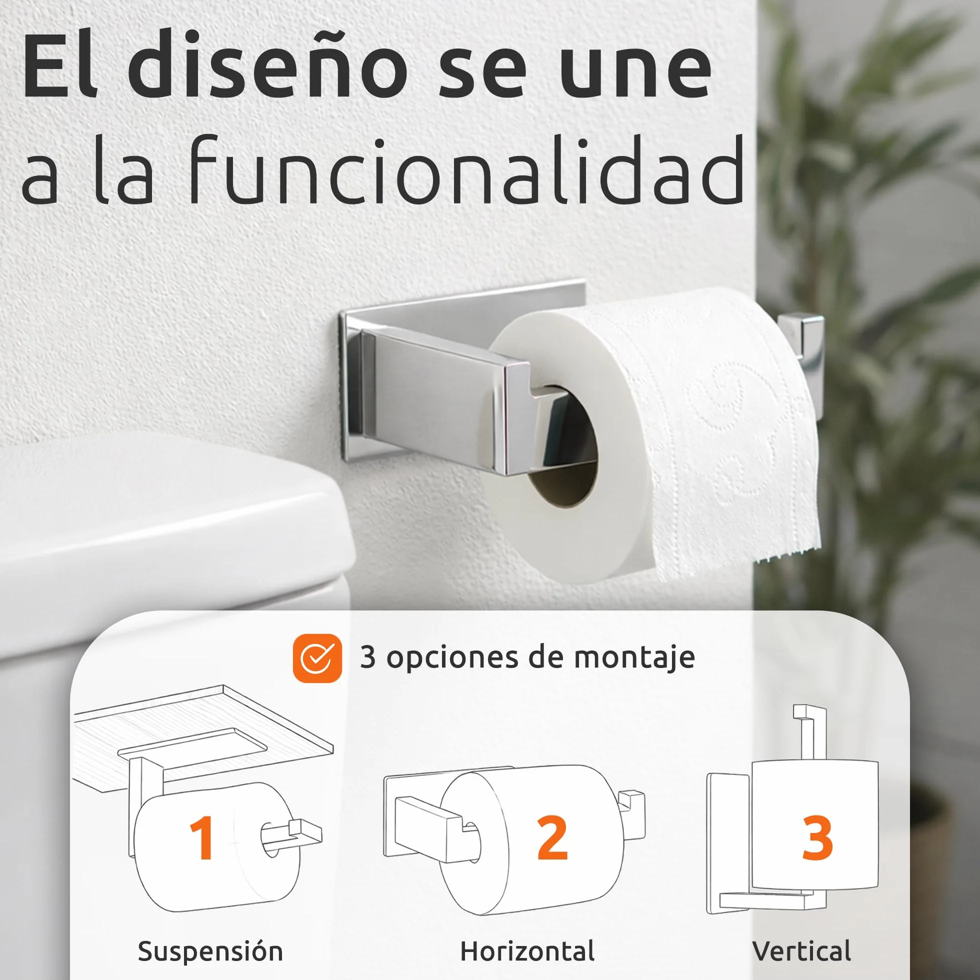 ECENCE Portarrollos Papel Higiénico Adhesivo Baño Acero Inoxidable 304 en Cromo + Material de Montaje, Soporte Papel Higienico, diseño Cuadrado