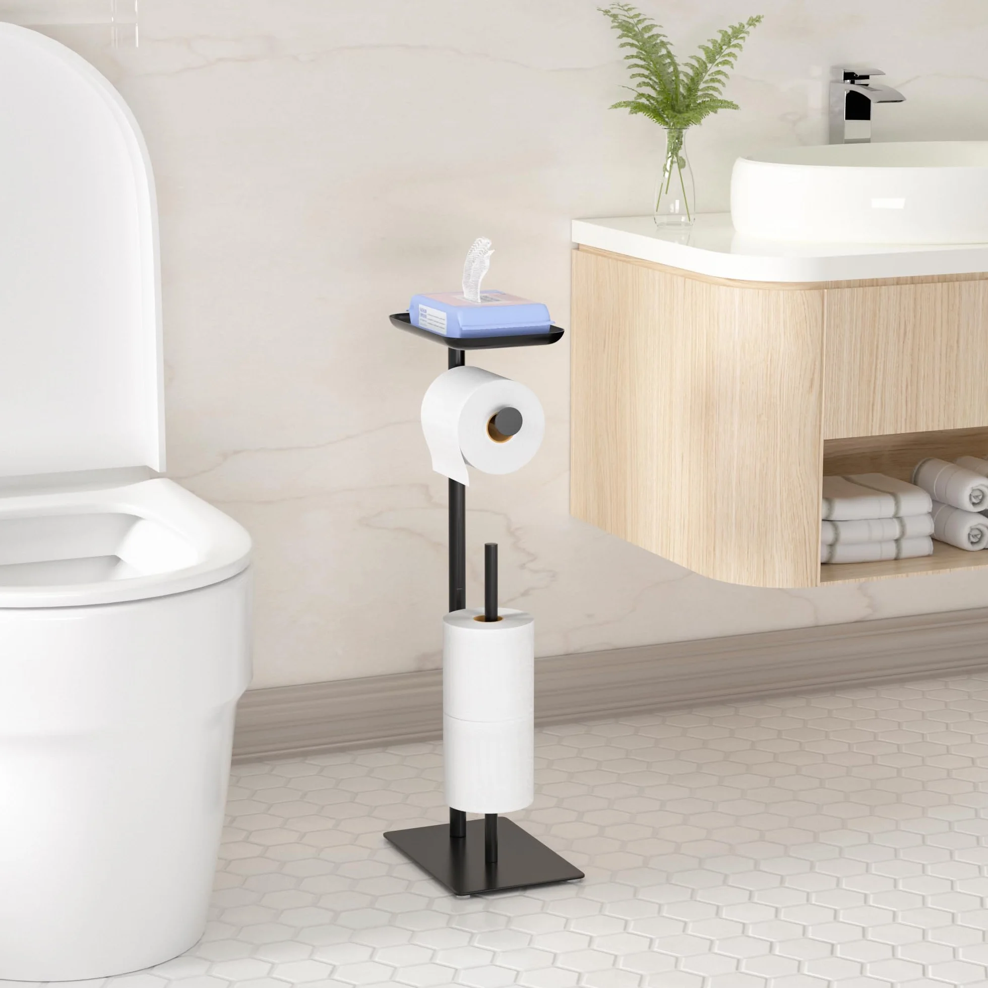 niffgaff Portarrollos de papel higiénico de pie negro con estante superior, soporte para papel higiénico de acero inoxidable con espacio para 4 rollos de repuesto