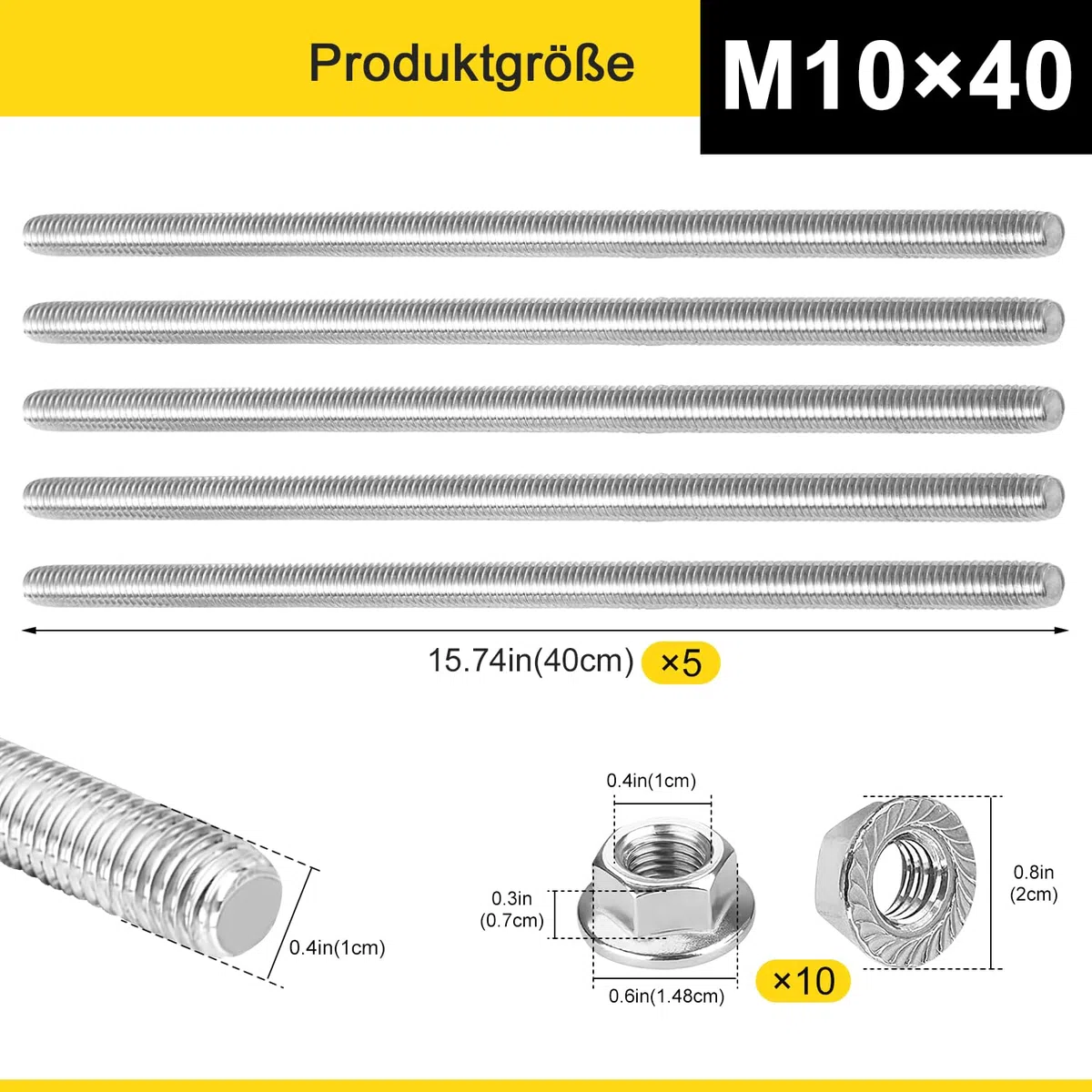 Varilla Roscada M10 x 400mm Varillas Roscadas Enroscadas de Acero Inoxidable 5PCS Rosca Completa con 10PCS Tuercas Hexagona de Brida (M10x40cm)