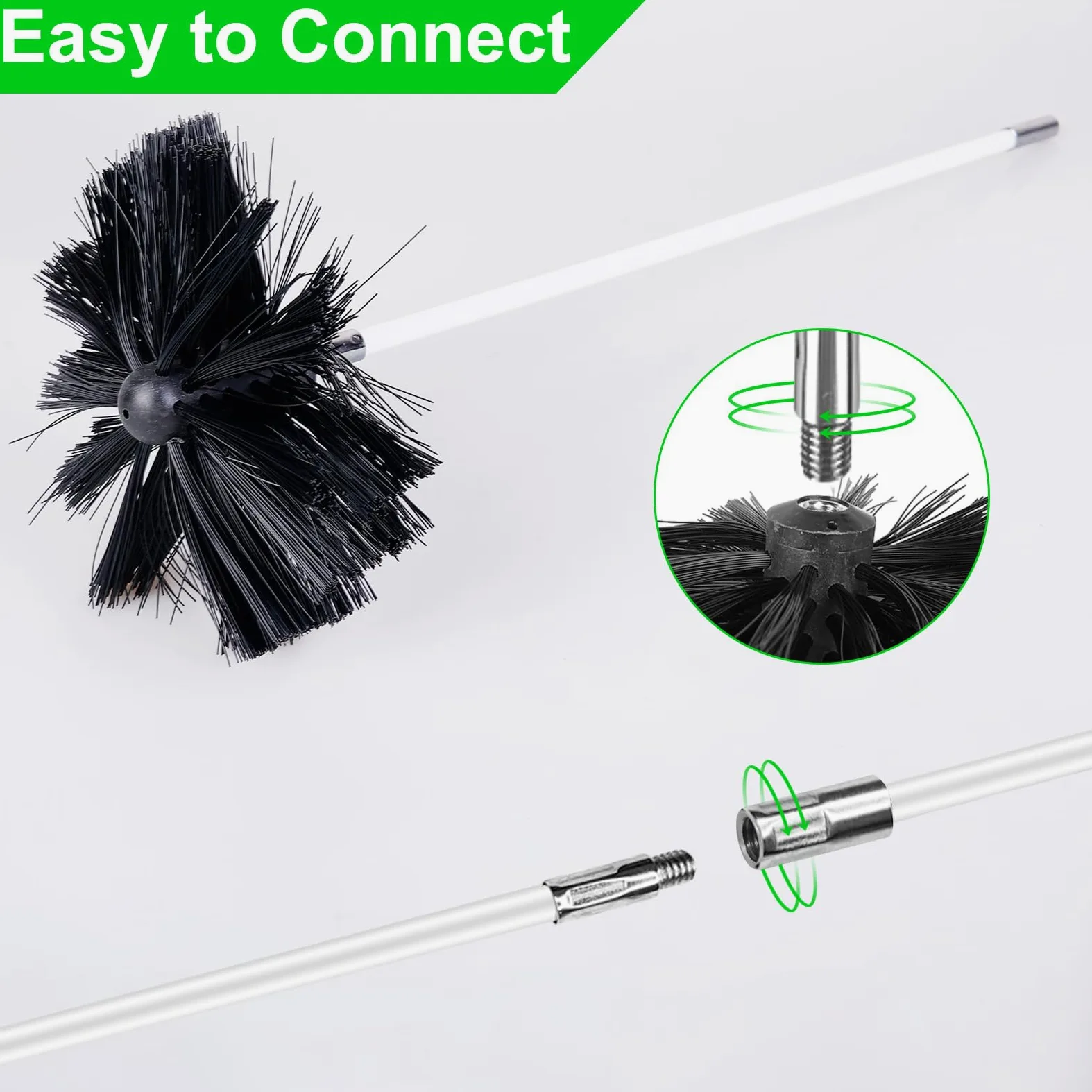 Juego de 4,9 m de cepillo de chimenea, cepillo de tubo de estufa de 150 mm de diámetro y 12 varillas flexibles, cepillo para deshollinador con 2 barras hexagonales, cepillo de limpieza para chimenea