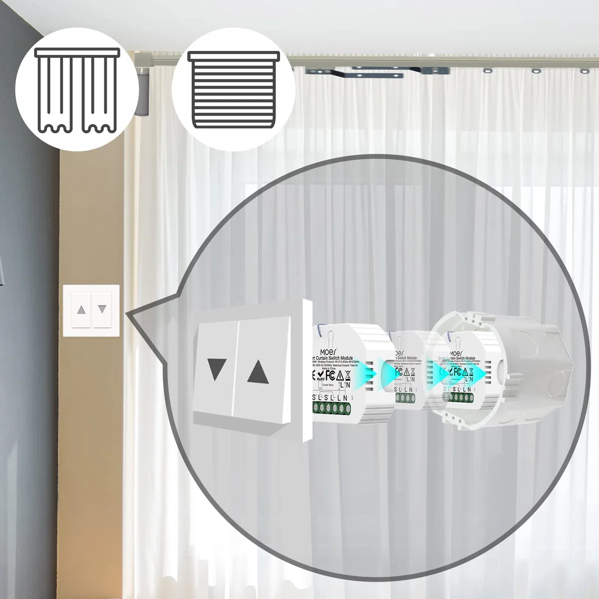 MOES RF433 Alexa Interruptor Persianas WiFi Mini Inteligente, Módulo de interruptores para persianas y cortinas con motor eléctrico, compatible con Smart Life/Tuya, Alexa y Google Home Solo de 2,4Ghz