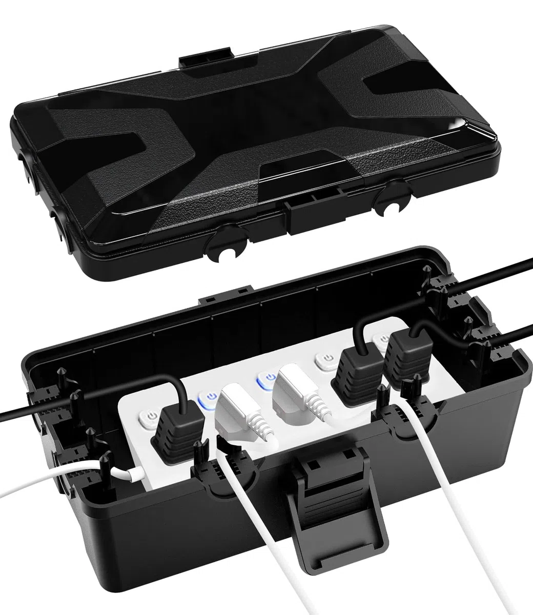Caja de Cable Resistente al Agua,Caja Estanca Exterior Electrica,26.1x15x9.4 CM Caja Cables,con 6 Salidas de Cables,Para Protección de Enchufes,Cubierta de Cable Alargador Resistente,Temporizador
