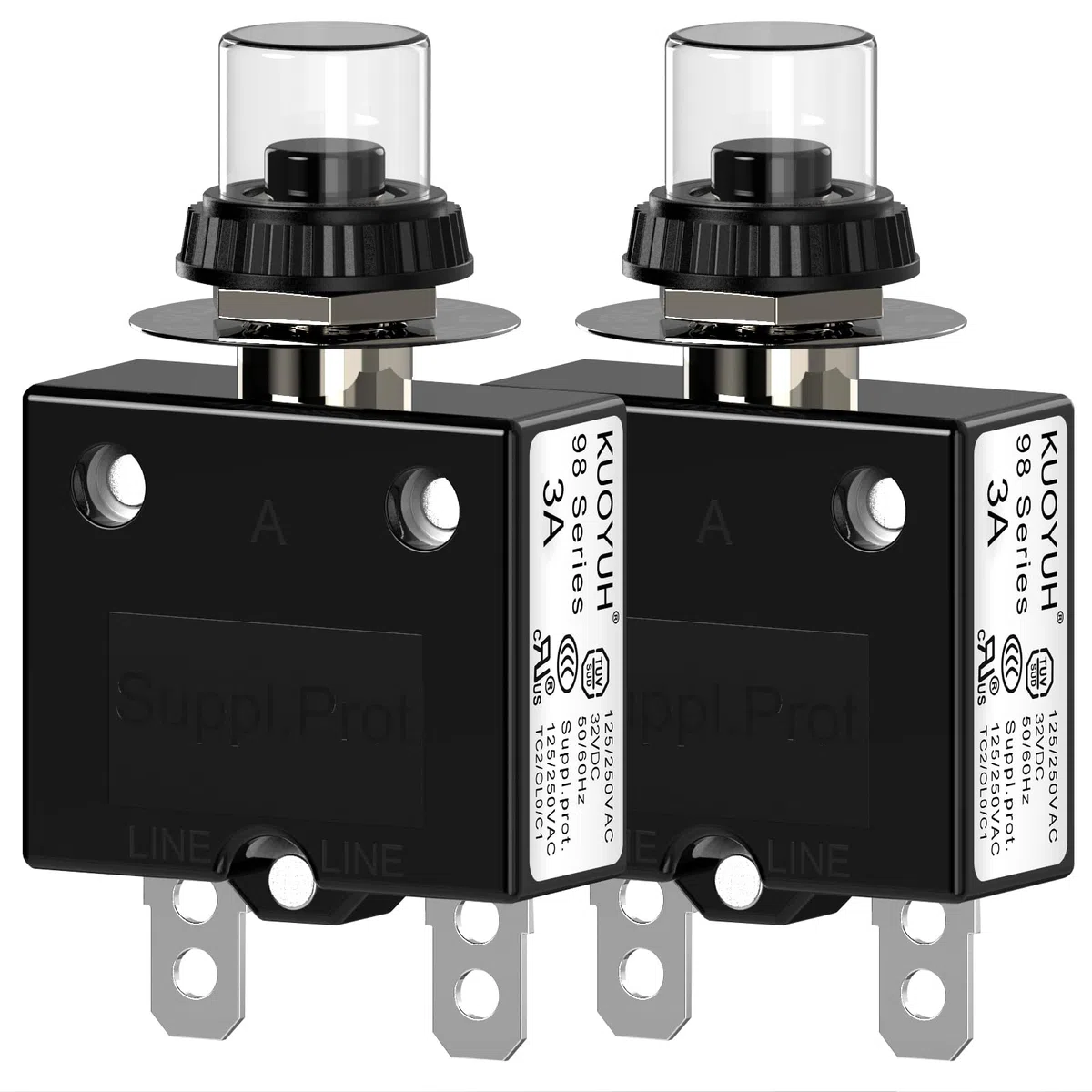 Disyuntor térmico 98 Serie 3A 125/250 VAC para interruptor de circuito con terminales de conexión rápida y cubierta impermeable para botones 32 V CC, 2 unidades