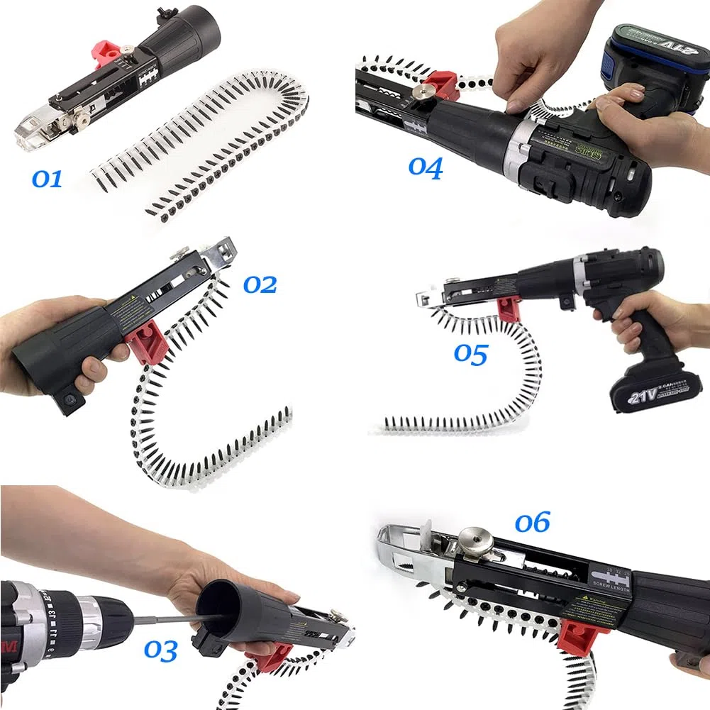 Tiiyee Adaptador Pistola Tornillo Cadena, Automático de Clavos Cadena Accesorio para Paneles Yeso Alimentación Automática Intercalada Taladro Eléctrico Equipo Apriete Tornillos Herramienta Carpintería
