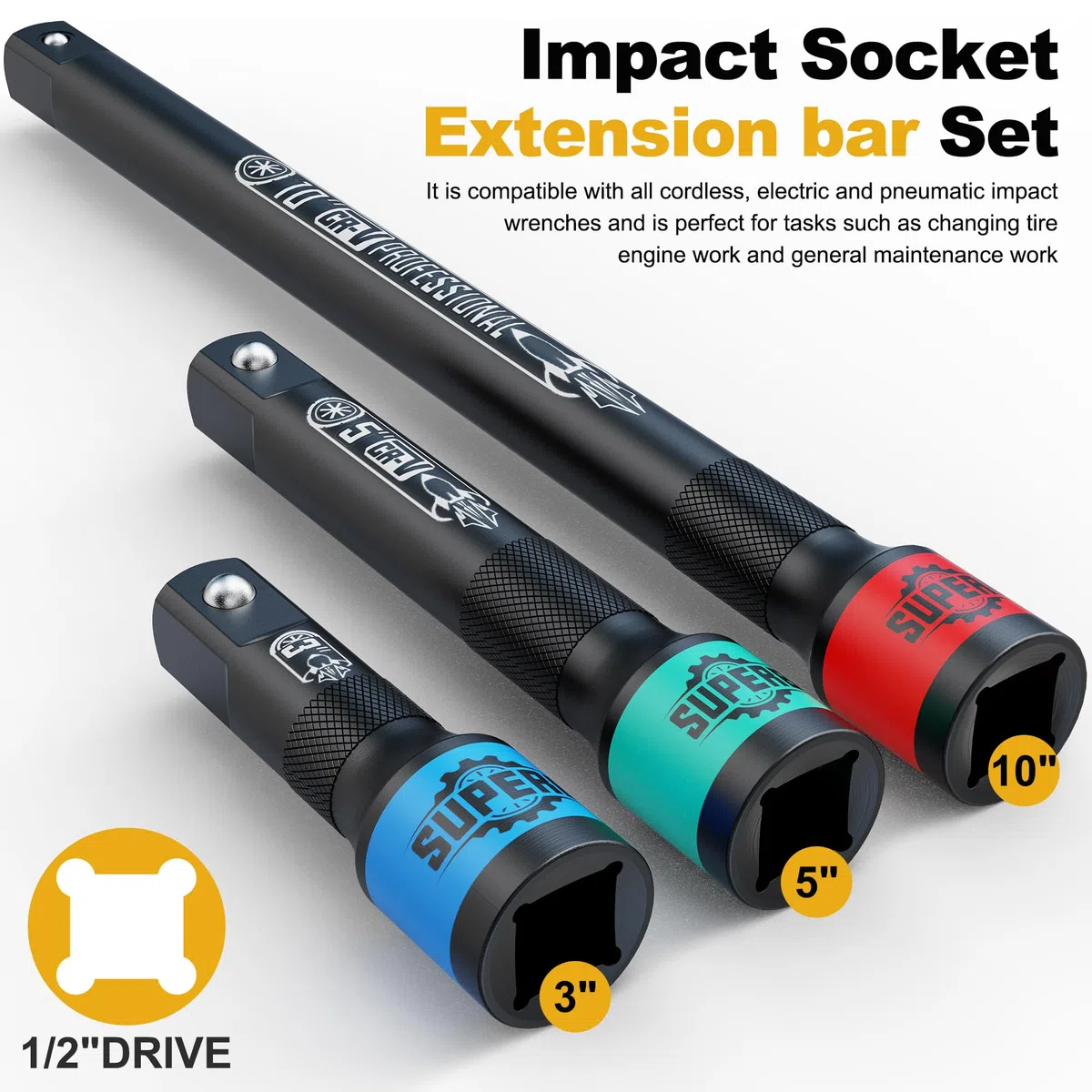 Juego de 3 Barras de Extensión 1/2", Extension Carraca 75 mm 125 mm 250 mm, CR-V Alargaderas de Vaso para Mantenimiento de Coches