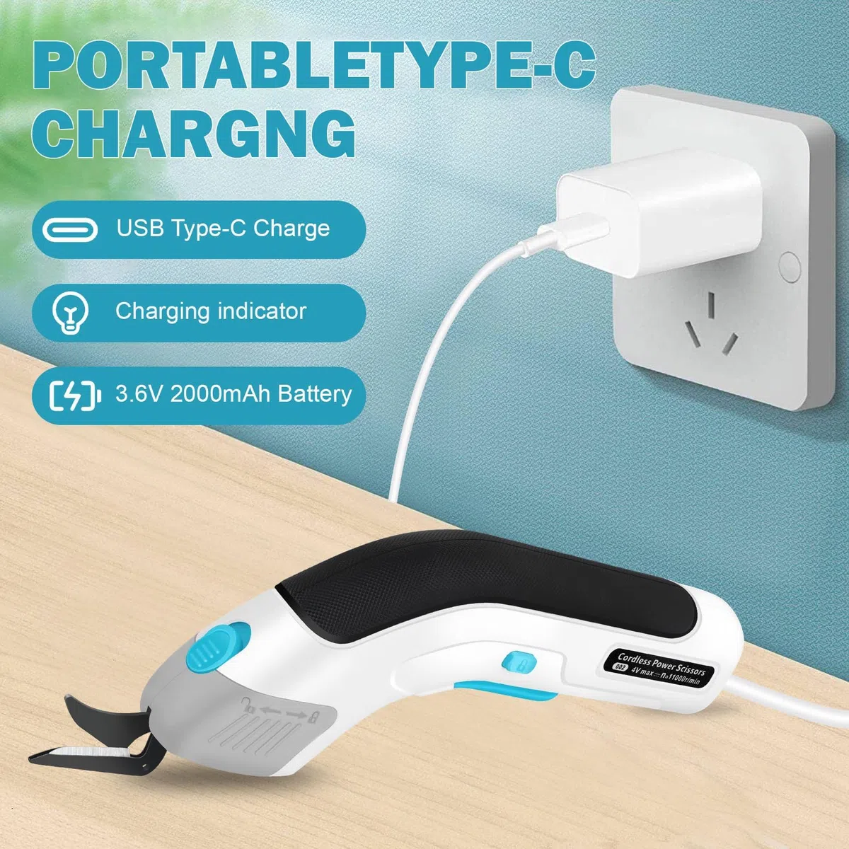 VOBOR Tijeras Electrica Costura, Inalámbrica Ecargables USB, Hojas de Acero de Tungsteno, 2000mAh Cortador de Tela Para Cartón Cuero Alfombra PVC
