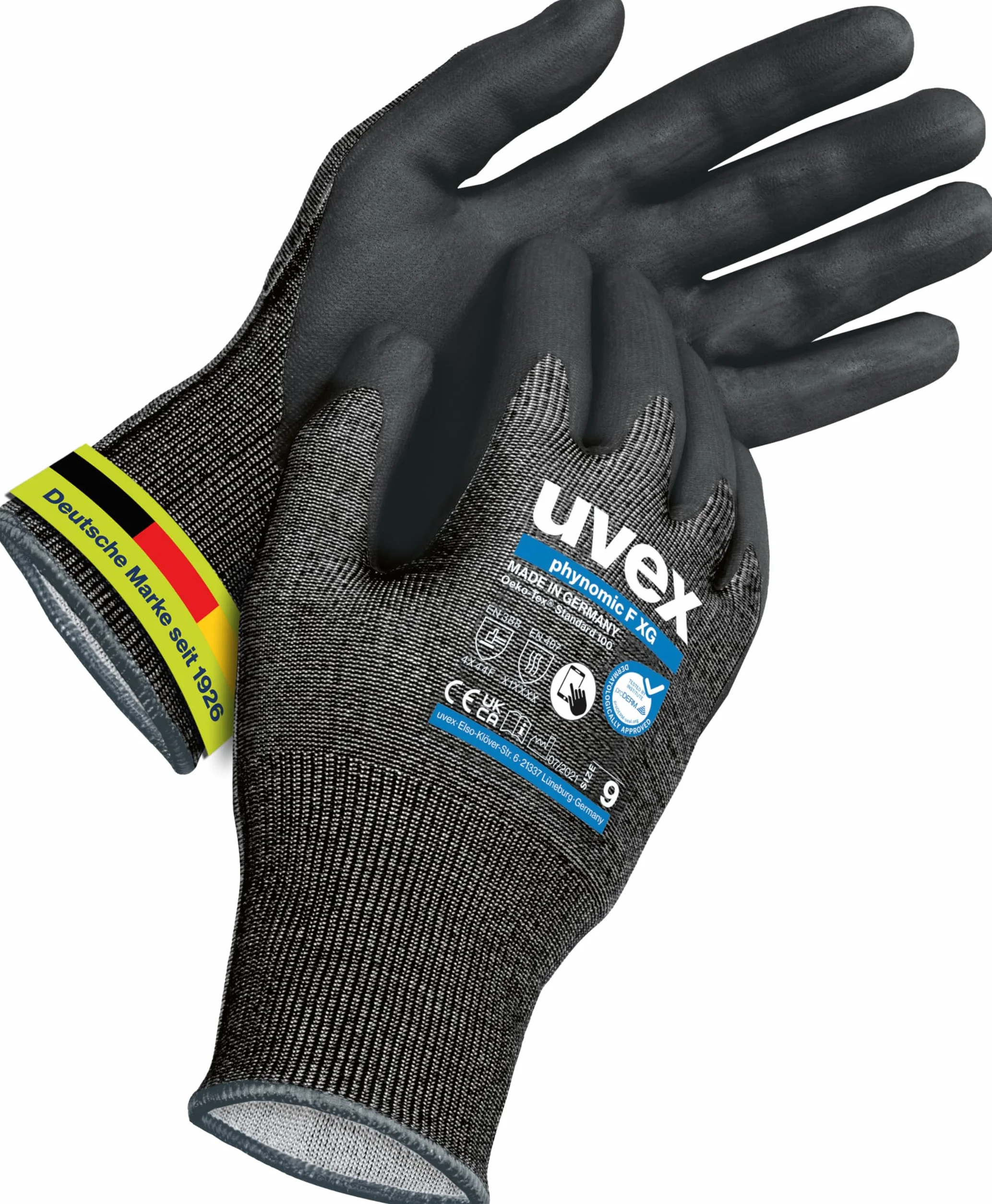 Uvex phynomic F XG - Guantes de protección contra cortes y agarre para zonas húmedas y aceitosas, sensibles y resistentes a la abrasión, color negro