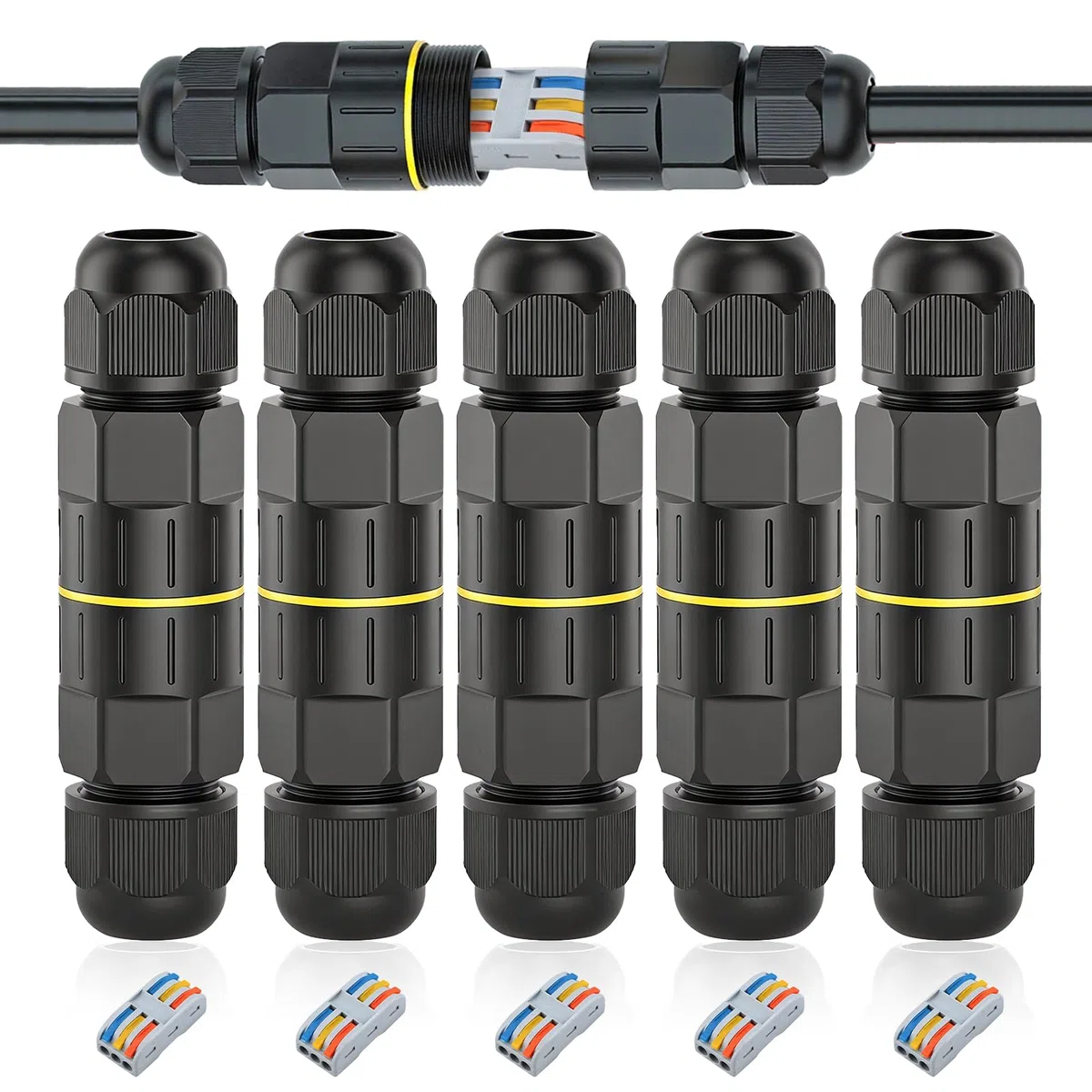 Paquete de 5 Conectores Eléctricos Rápidos IP68 – Caja de Conexiones Impermeable sin Tornillos para Cables 3.5-8mm – Empalmes Eléctricos para Exteriores – Conector Eléctrico Impermeable Negro