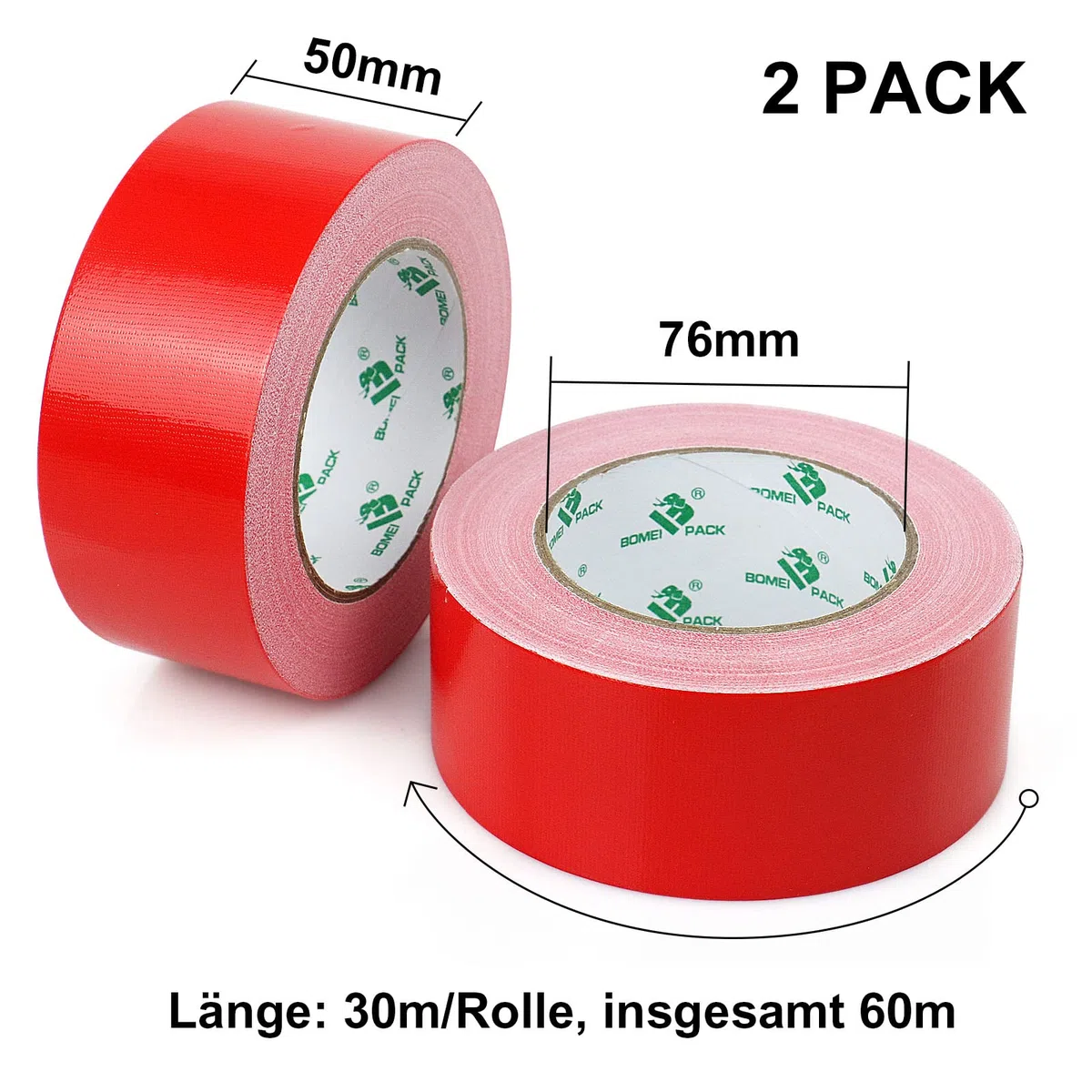 BOMEI PACK 2 Rollos Cinta americana roja de 50 mm x 30 m - Cinta de tela resistente, adhesiva e impermeable de Reparación Profesional y Cinta Gaffer de Tela Superresistente