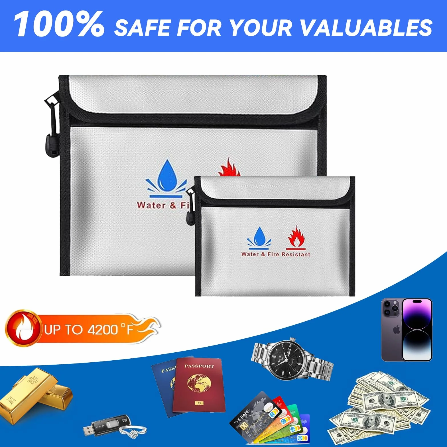Bolsa de Documentos ignífuga, Bolsa de Almacenamiento de Seguridad ignífuga e Impermeable de 23.4x18.1cm y 20.4x13.4cm Pulgadas, Puede Proteger Objetos de Valor, pasaportes, Documentos, Dinero, Joyas