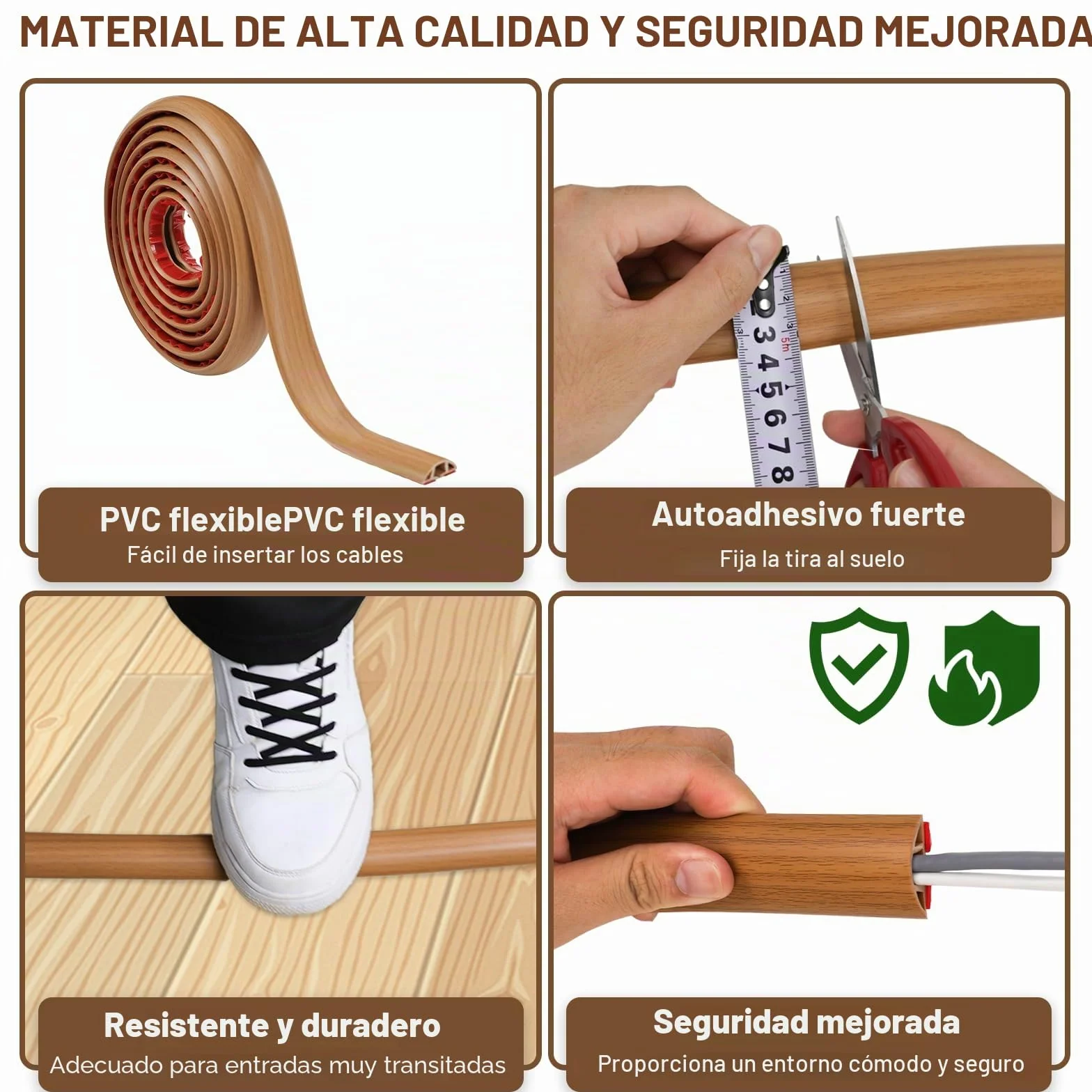 Canaleta Cables Suelo Madera 3cmx3m PVC Pasacables Suelo Protector Autoadhesivo